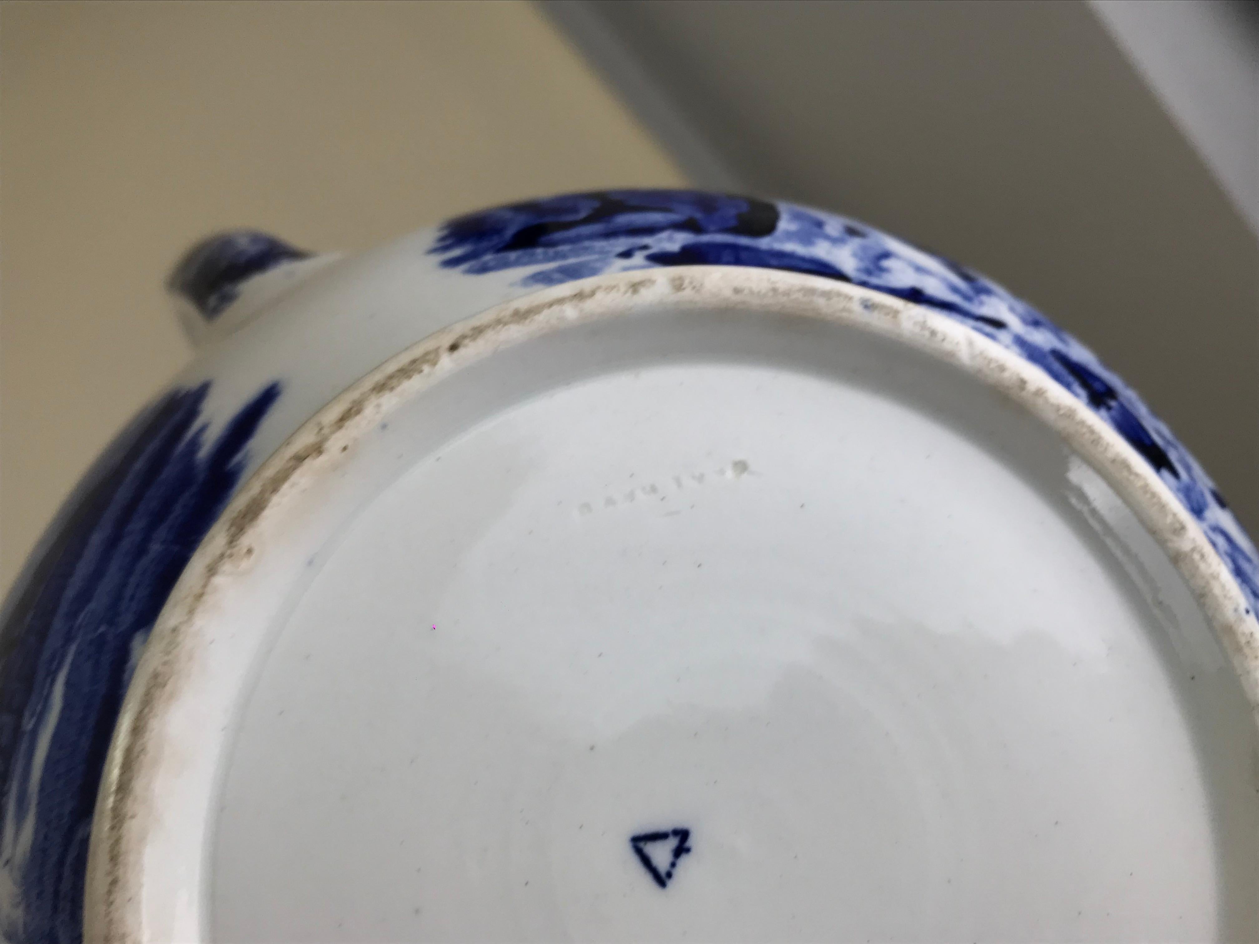 1850s Victorian Blue and White Earthenware Boat Shaped Teapot Made in England For Sale 11