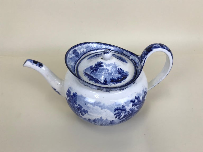 English 1850s Victorian Blue and White Earthenware Boat Shaped Teapot Made in England For Sale