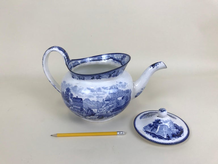 Mid-19th Century 1850s Victorian Blue and White Earthenware Boat Shaped Teapot Made in England For Sale