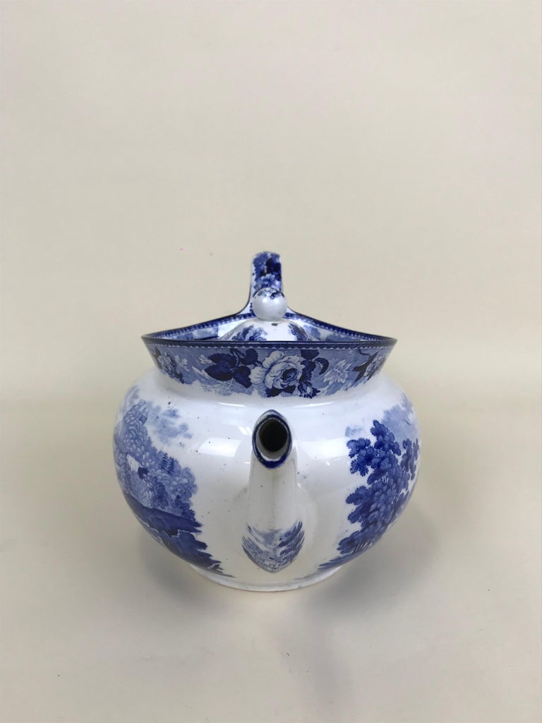 1850s Victorian Blue and White Earthenware Boat Shaped Teapot Made in England For Sale 1