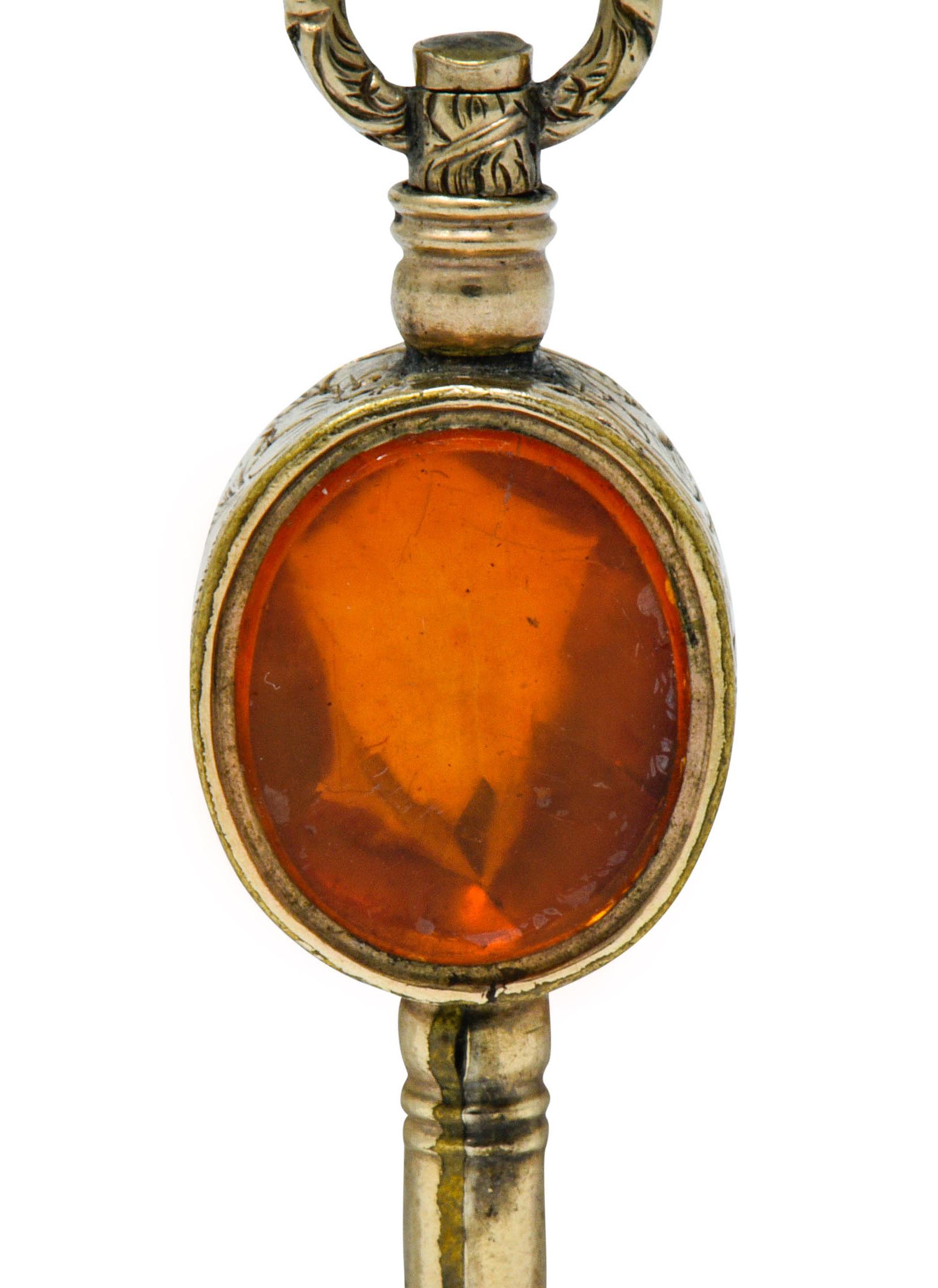 Oval Cut 1850s Victorian Citrine Bloodstone Gold Watch Key Fob Pendant Charm