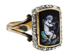 1850's Victorian Neoclassical Enamel Diamond Silver-Topped 18 Karat Cupid Ring