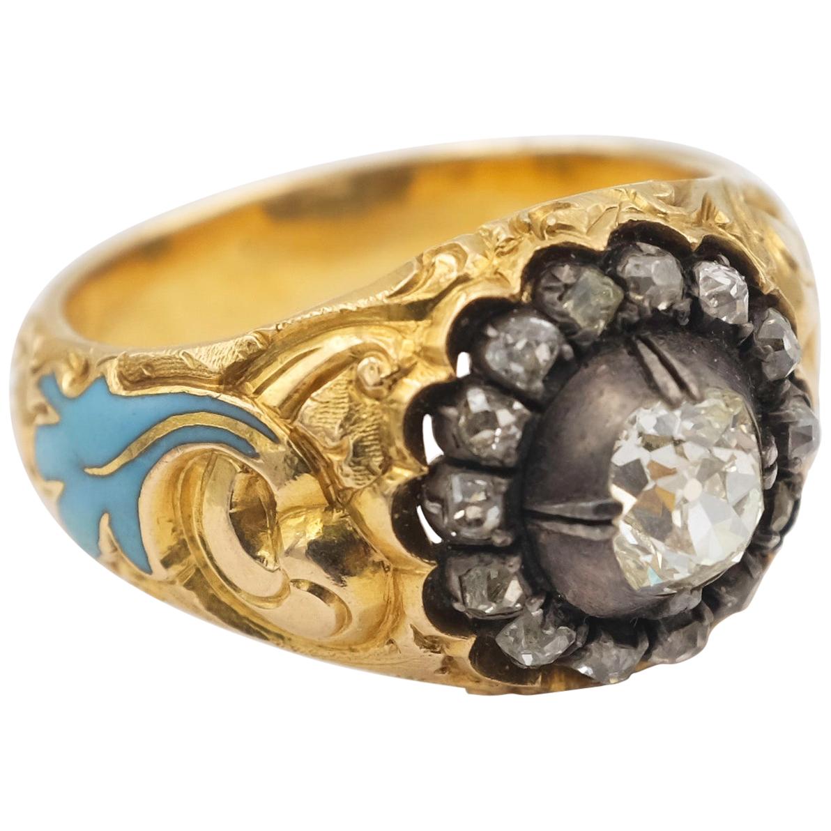 1850s Victorian Men's Ring with Rose Cut Diamond Surrounding an Old European Cut For Sale