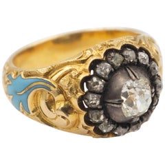 Antique 1850s Victorian Men's Ring with Rose Cut Diamond Surrounding an Old European Cut