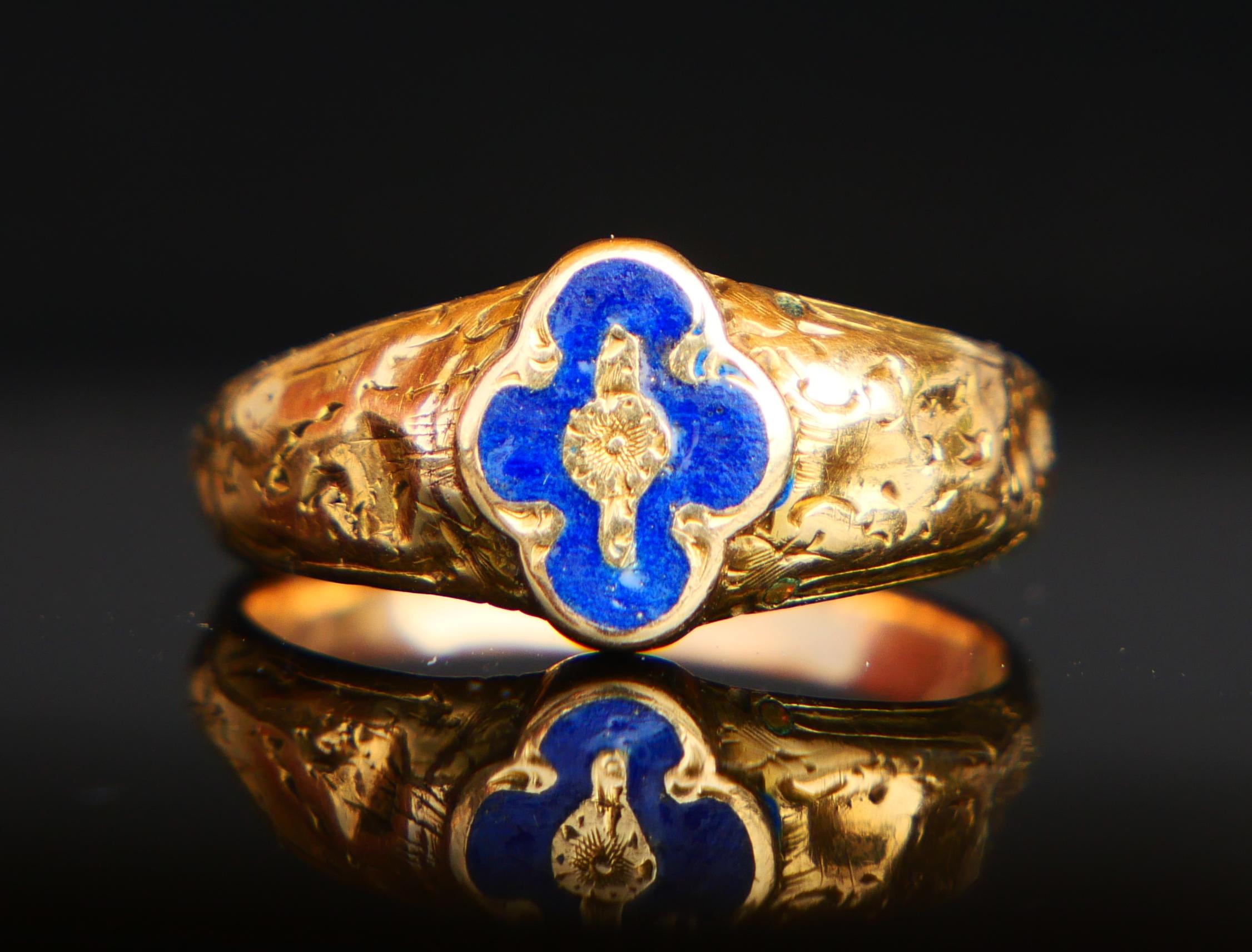 Baroque Revival 1851 Antique Poison Ring Enamel solid 18K Gold Ø 7.25 US / 2.65 gr