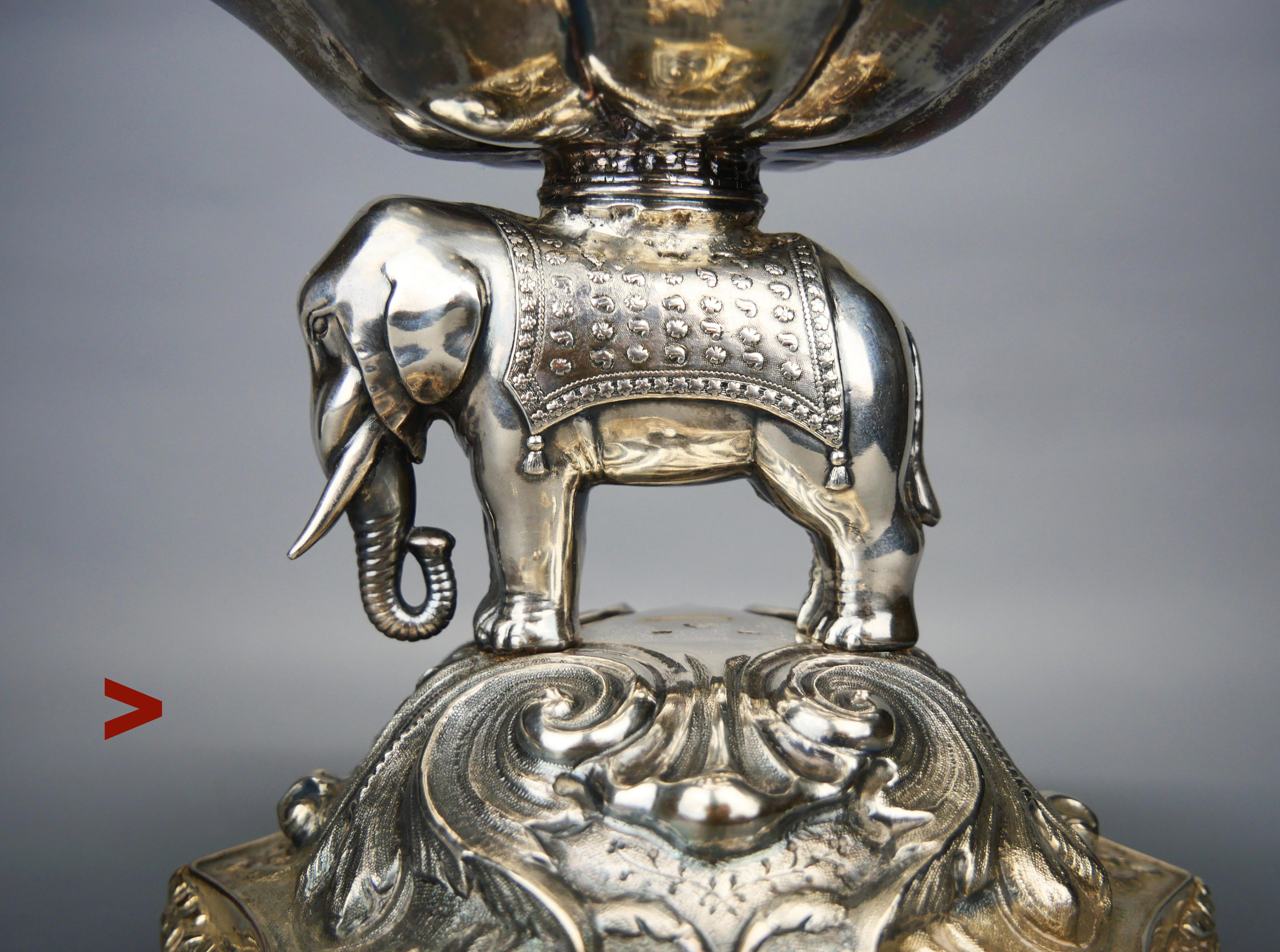 British Colonial 1852 Antique Centerpiece Indian Elephant solid 830 Silver / 411 gr. For Sale