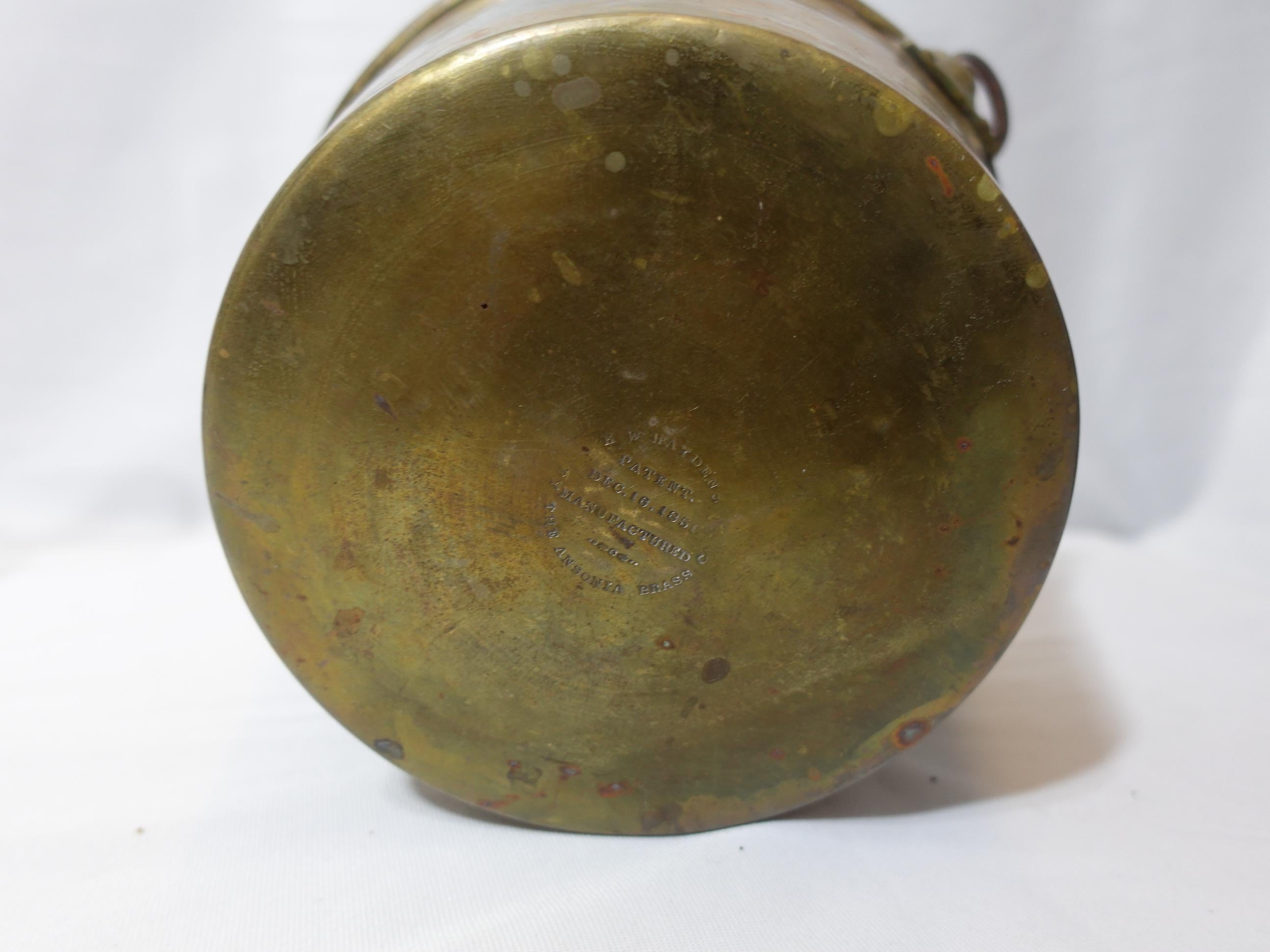 1851 Hayden Pat. Ansonia Brass Co. Bail Brass Bucket with Brass Trivet, CO#007 For Sale 6