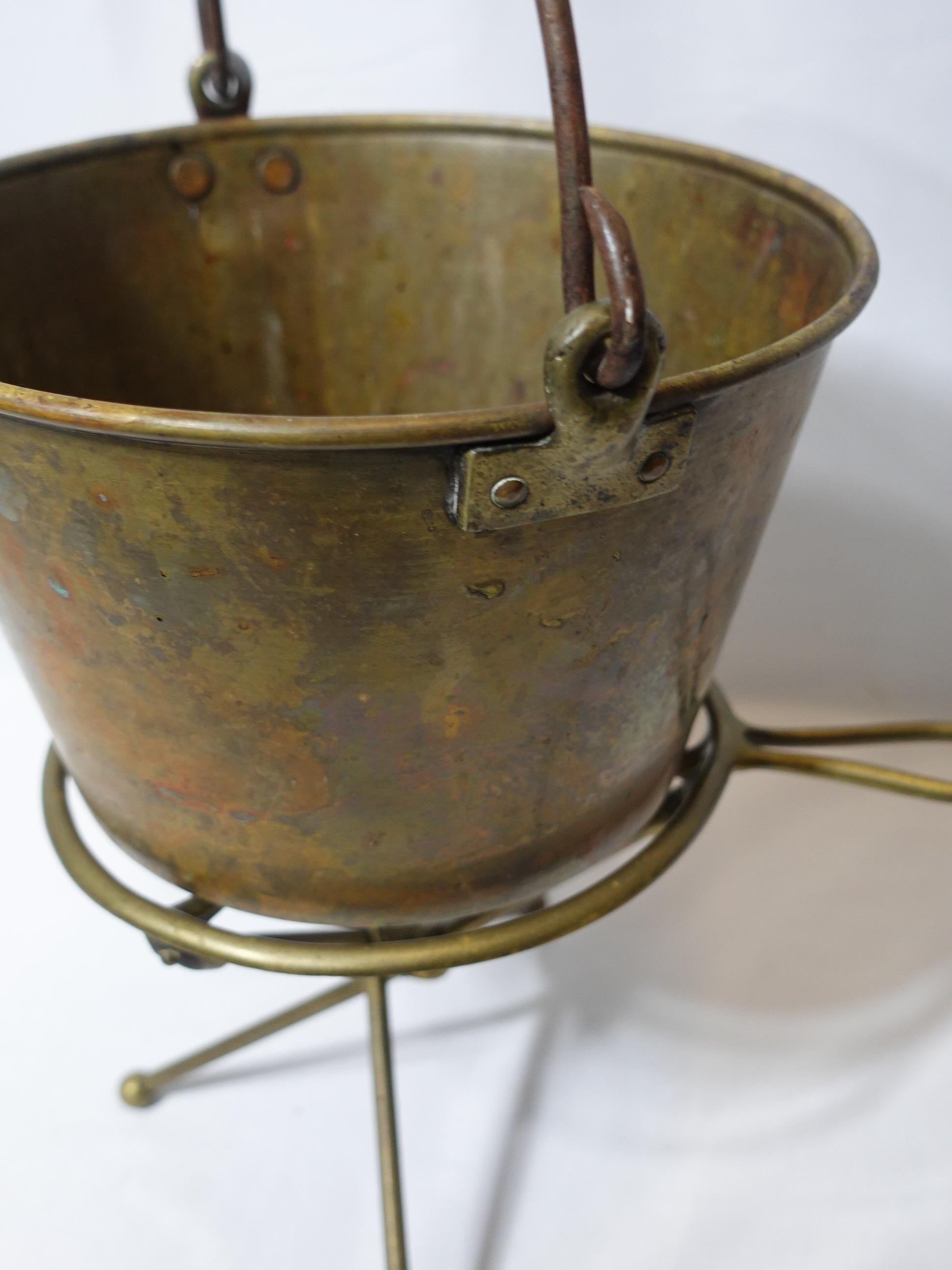 English 1851 Hayden Pat. Ansonia Brass Co. Bail Brass Bucket with Brass Trivet, CO#007 For Sale