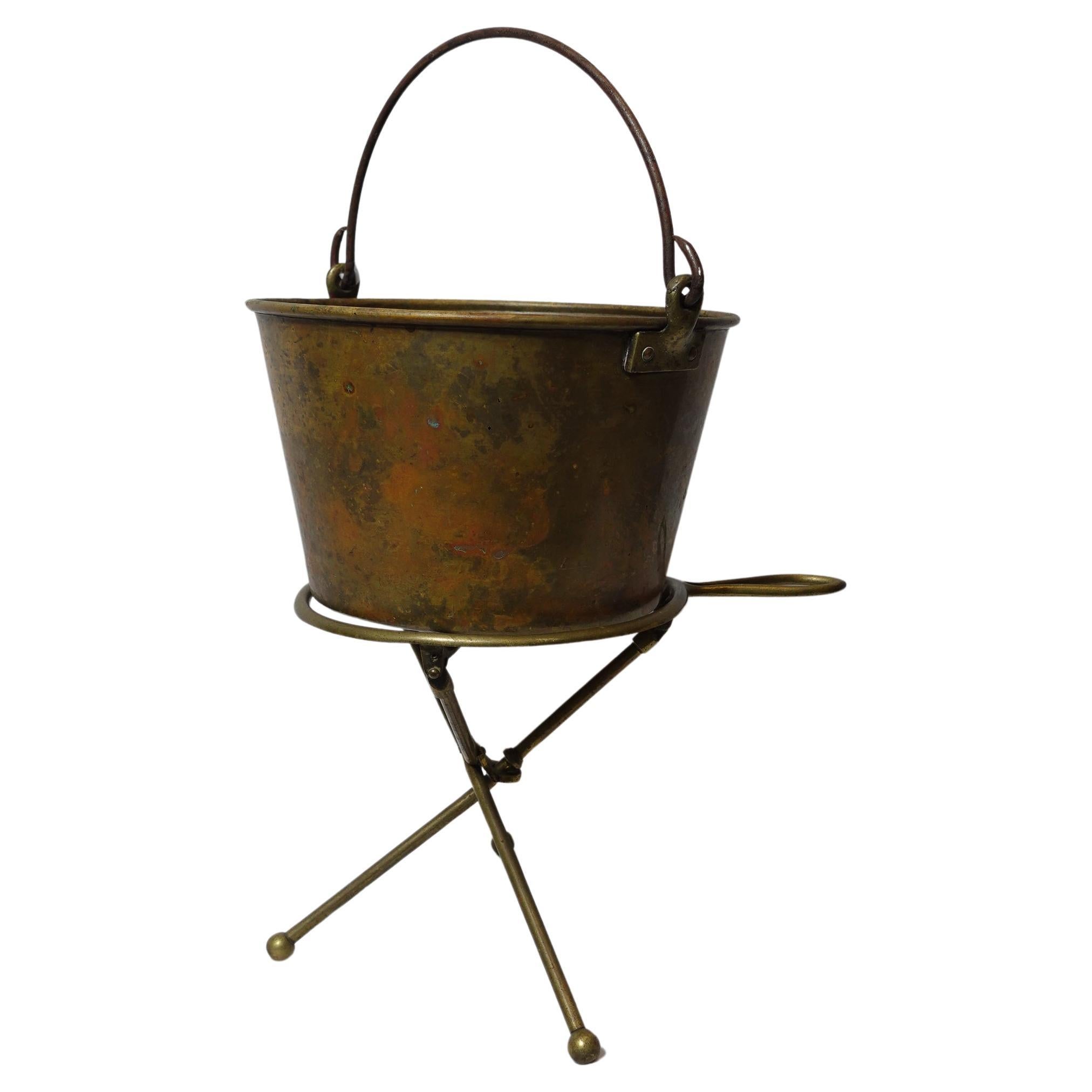 1851 Hayden Pat. Ansonia Brass Co. Bail Brass Bucket with Brass Trivet, CO#007 For Sale