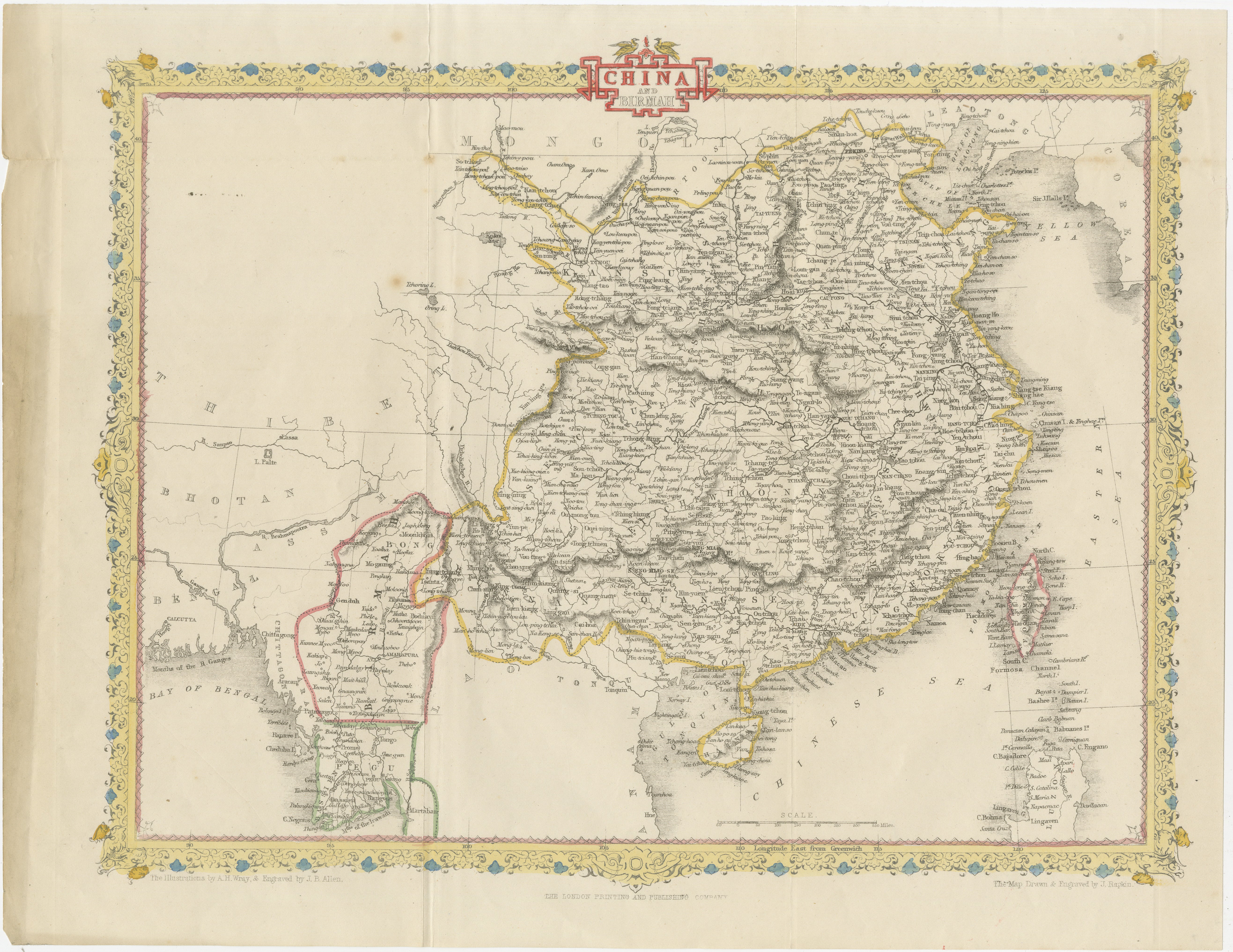 Titre :  1851 Carte Tallis de la Chine avec le Tibet, Formose et la Birmanie - Gravée par J. Rapkin

Description :  Il s'agit d'une carte de la Chine finement gravée et délicatement colorée à la main, publiée vers 1851 par la London Printing and