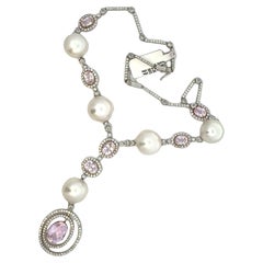 18.52 Carat Kunzite Pearl and Diamond Drop Necklace