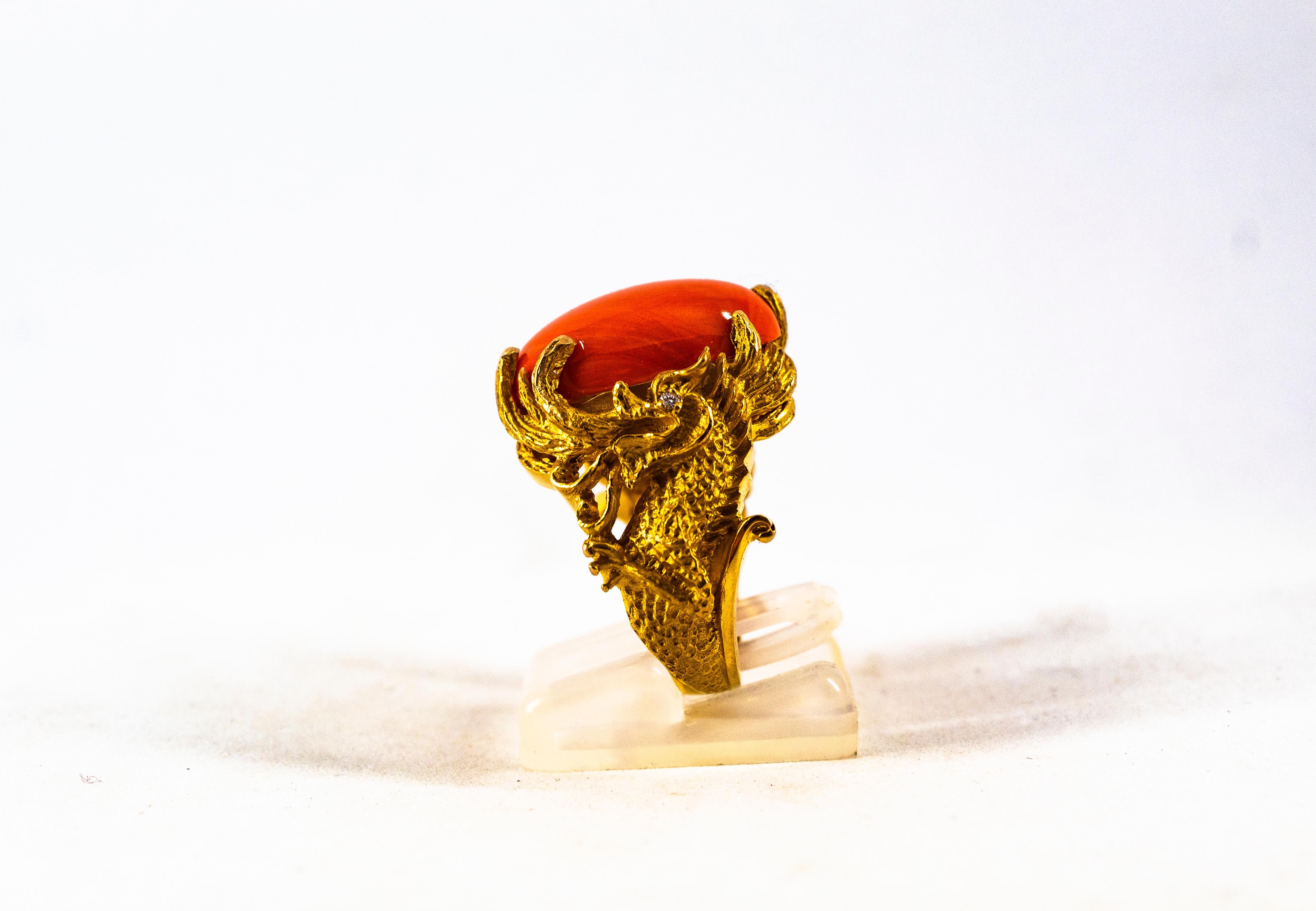 18.52 Carat Mediterranean Coral White Diamond Yellow Gold Dragons Cocktail Ring In New Condition In Naples, IT