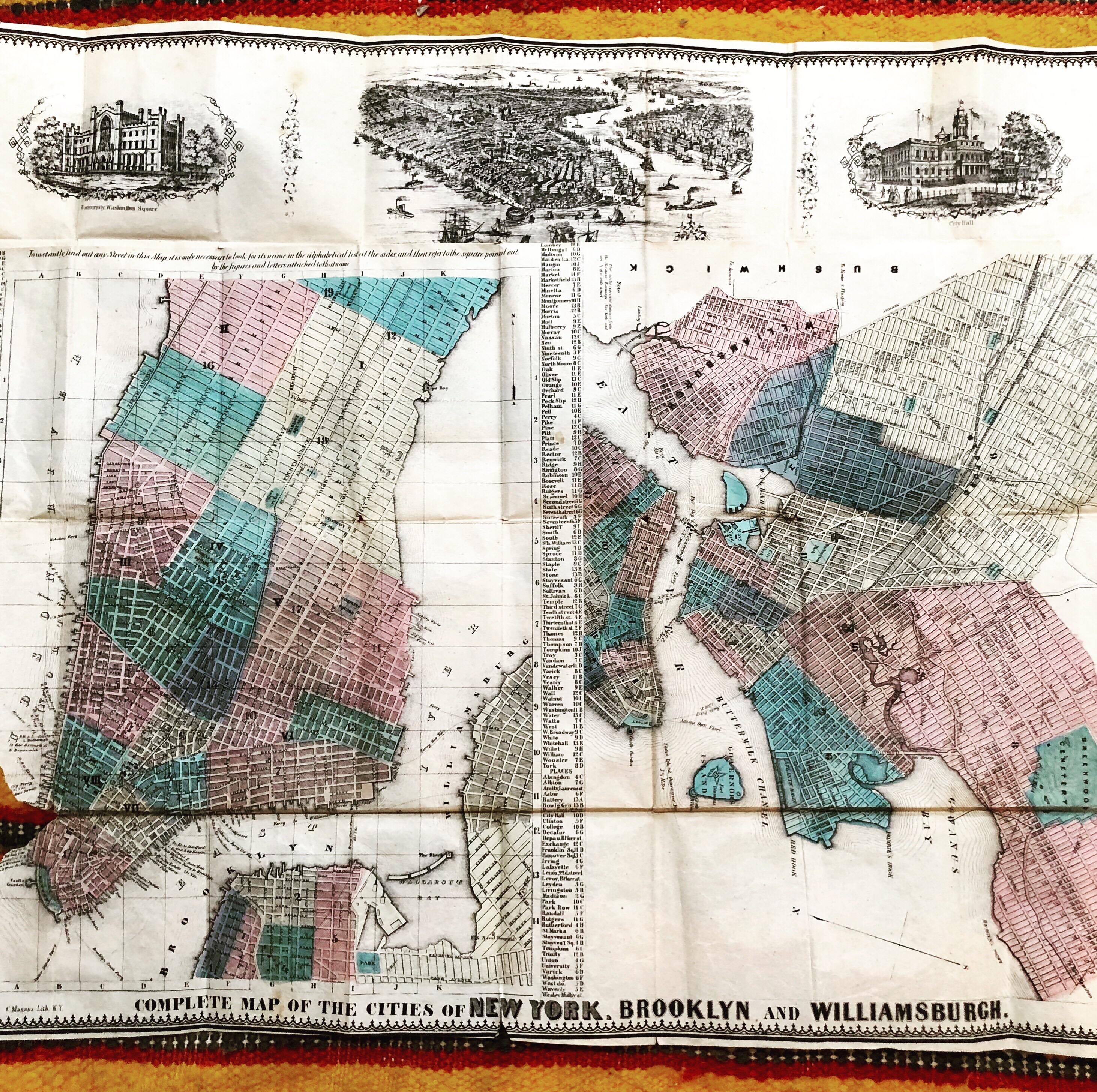 Magnus, C. [New York, 1852] Complete Map of the Cities of New York, Brooklyn and Williamsburgh.
18 x 22 ¼ inches. Lithograph with original color; wear at folds with minor loss, light staining, tear to left side. Good condition. Unframed.