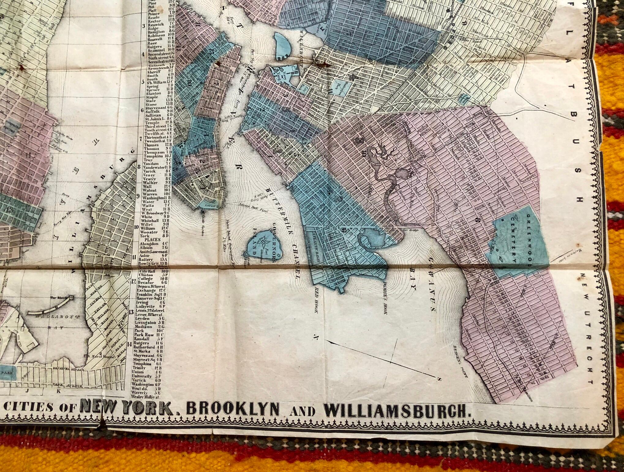 1852 Magnus Map New York City, Brooklyn & Williamsburg, Hand-Colored Engraving In Distressed Condition For Sale In Vineyard Haven, MA