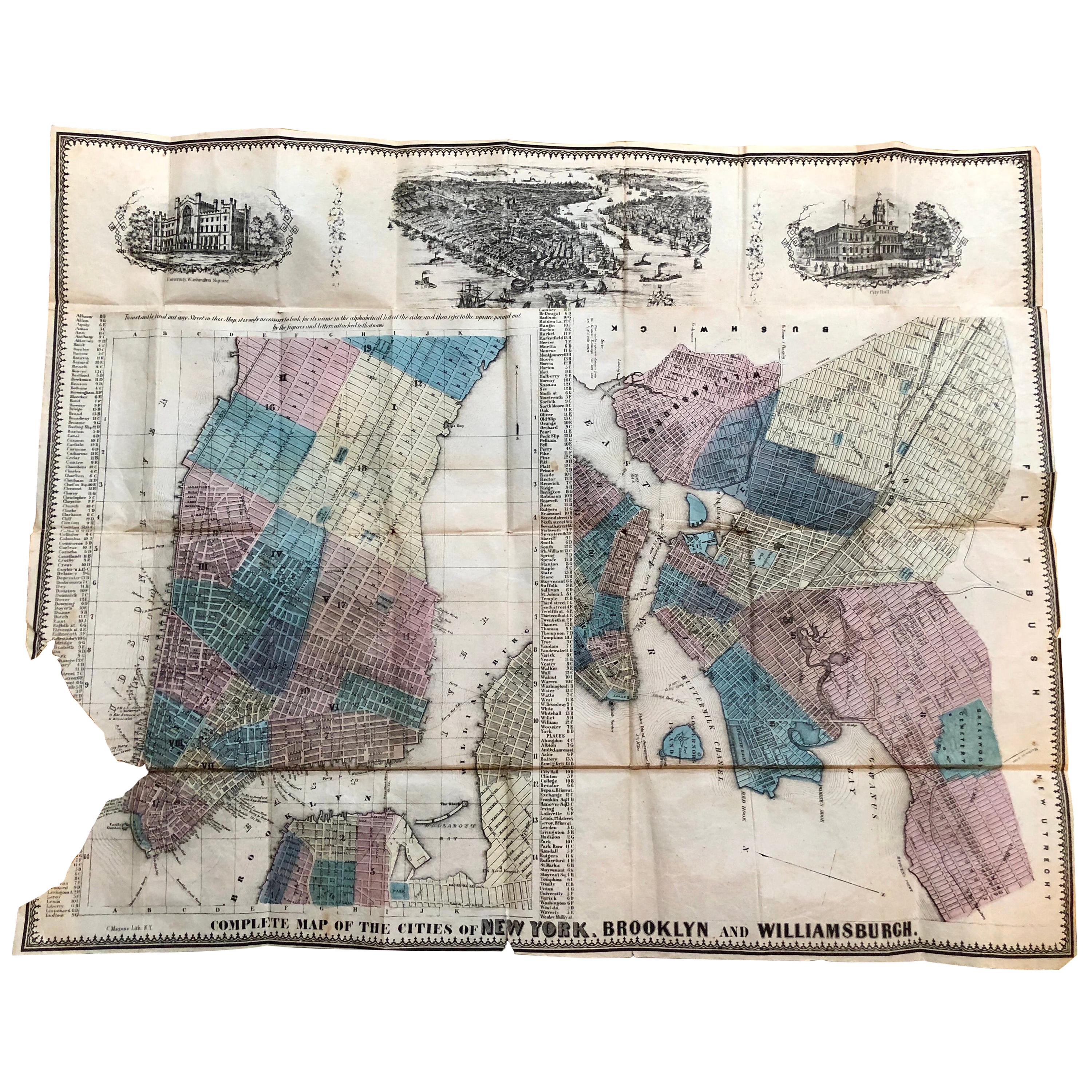 1852 Magnus Map New York City, Brooklyn & Williamsburg, Hand-Colored Engraving For Sale