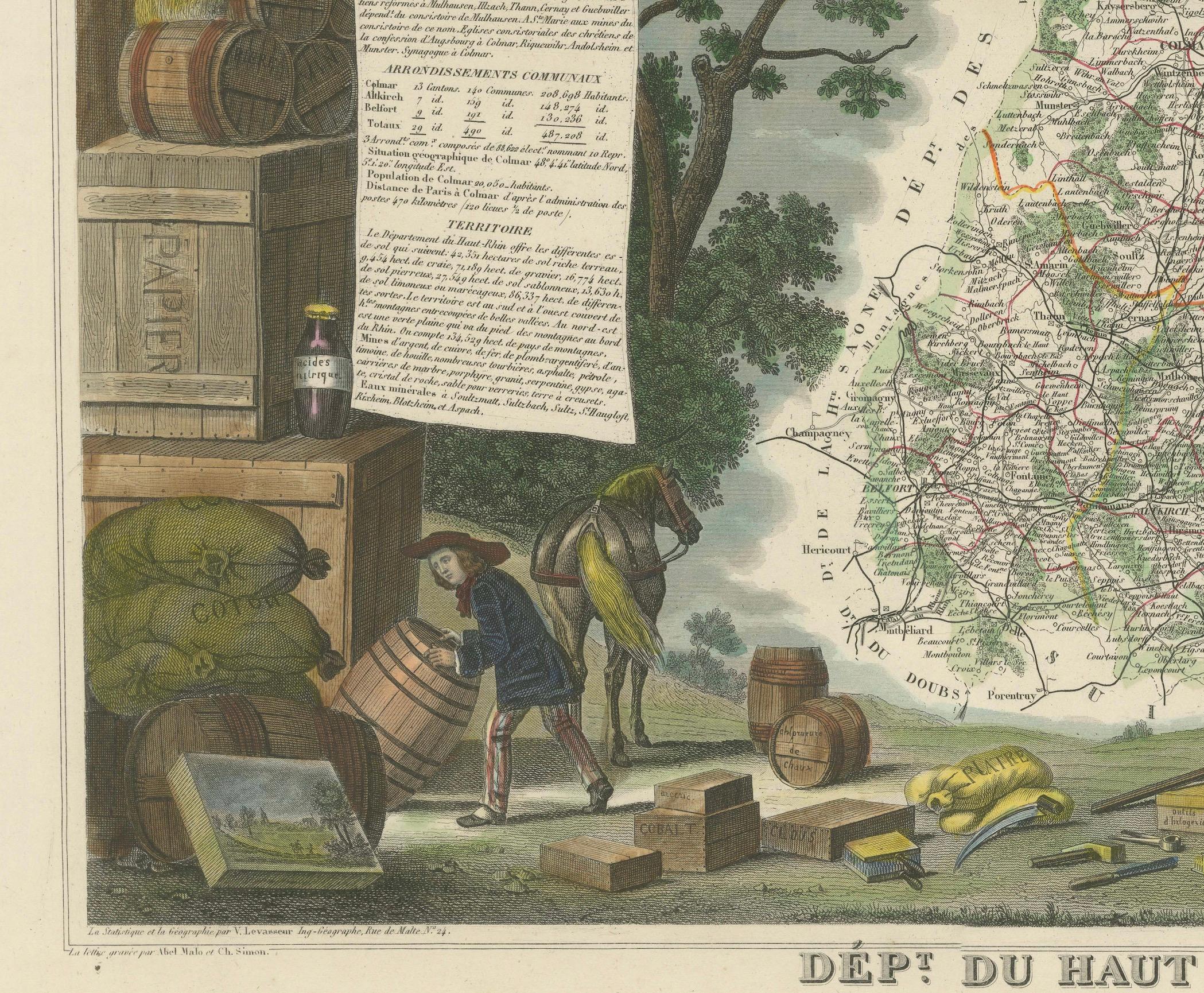 Mid-19th Century 1852 Map of Haut-Rhin: An Illustrated Gateway to Alsace's Viticultural Splendors For Sale