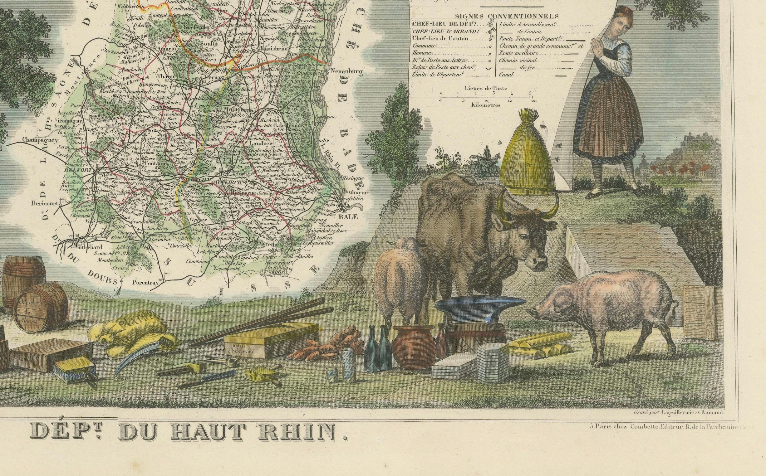 Paper 1852 Map of Haut-Rhin: An Illustrated Gateway to Alsace's Viticultural Splendors For Sale