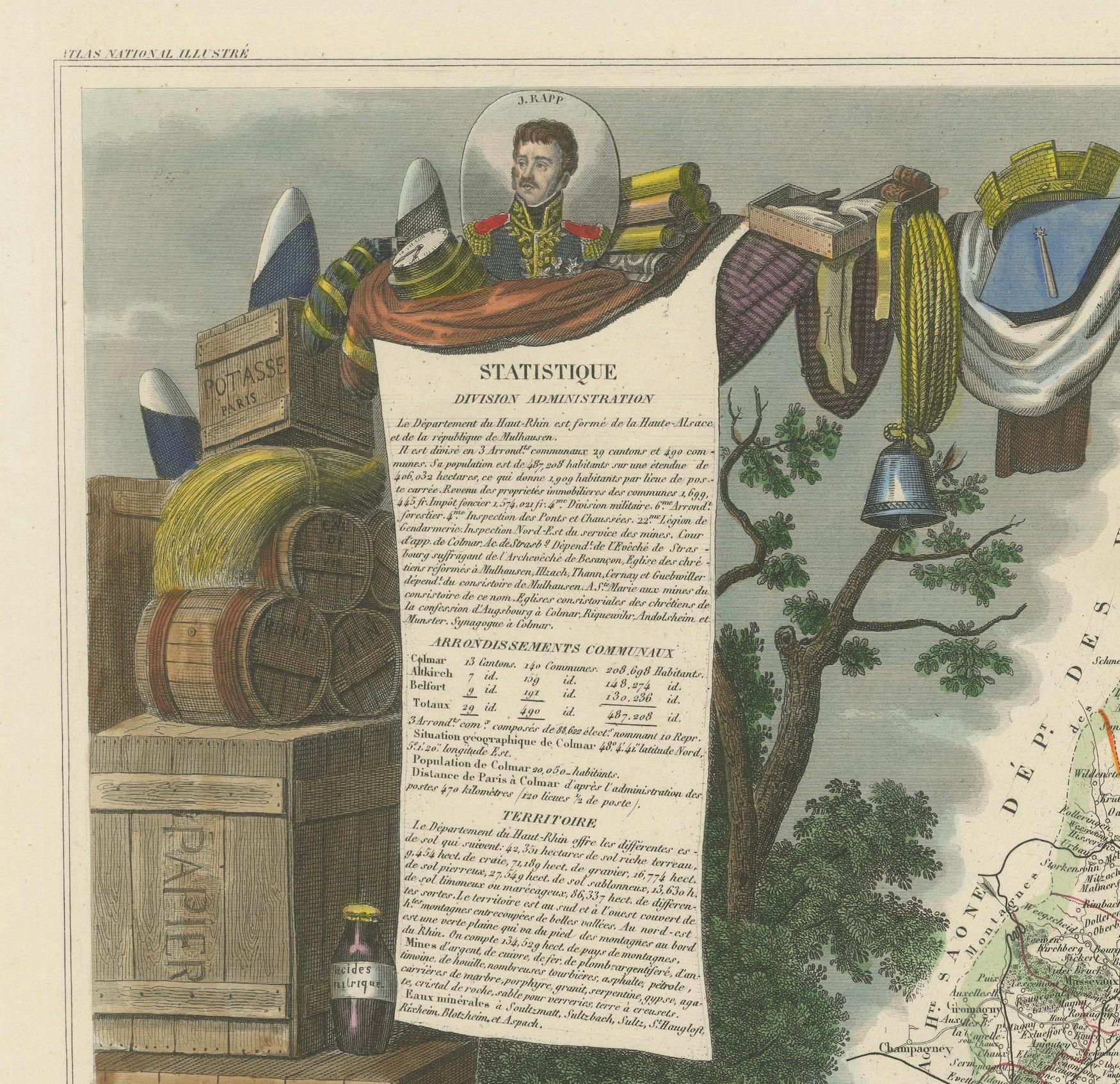 Metà XIX secolo Mappa dell'Haut-Rhin del 1852: Una porta illustrata agli splendori viticoli dell'Alsazia in vendita