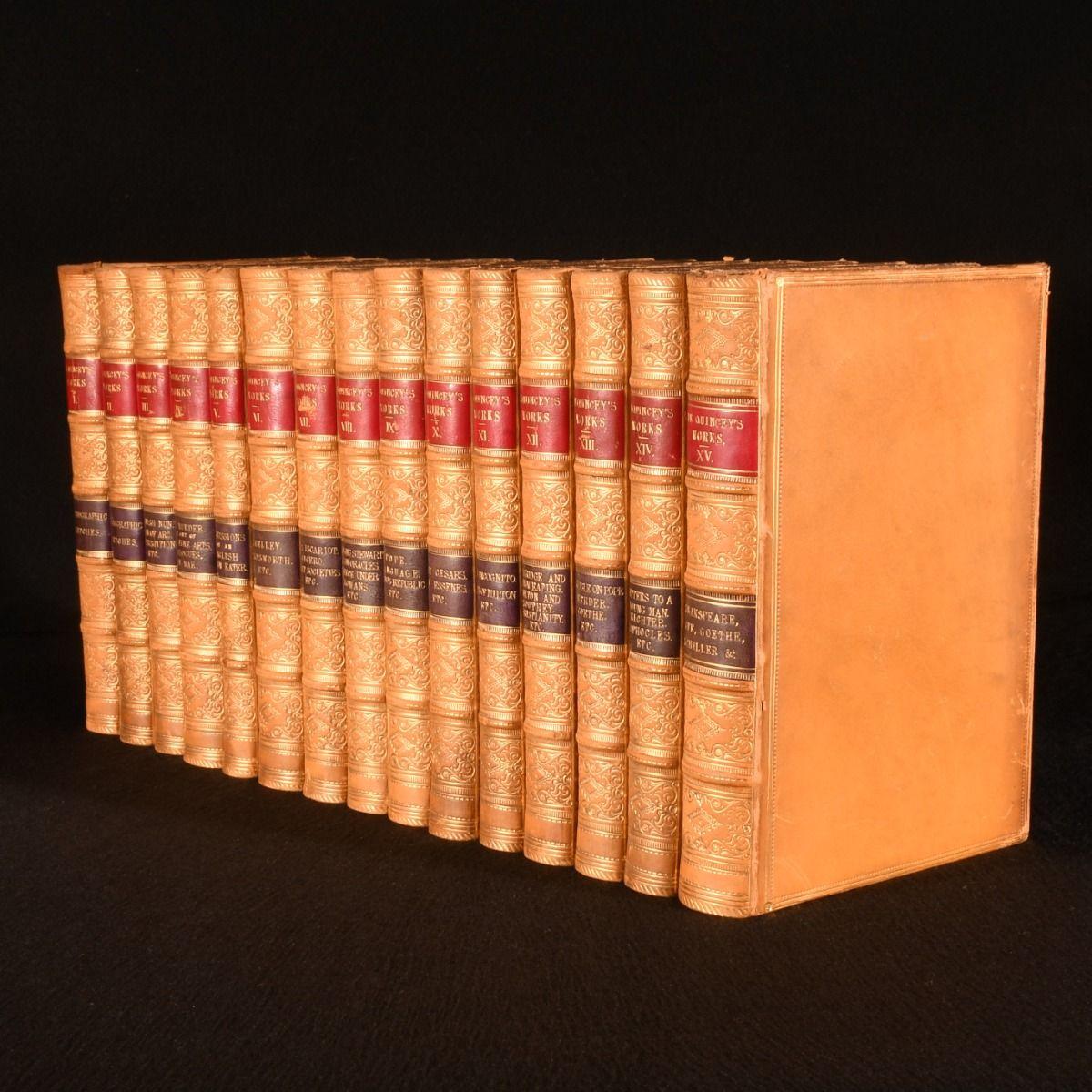 A beautifully bound full calf fifteen volume set of the works of English writer, essayist, and literary critic Thomas De Quincey.

Uniformly bound in full calf signed bindings by M. Ogle & Co.

Volumes I-XIV are published between 1852 and 1860 by