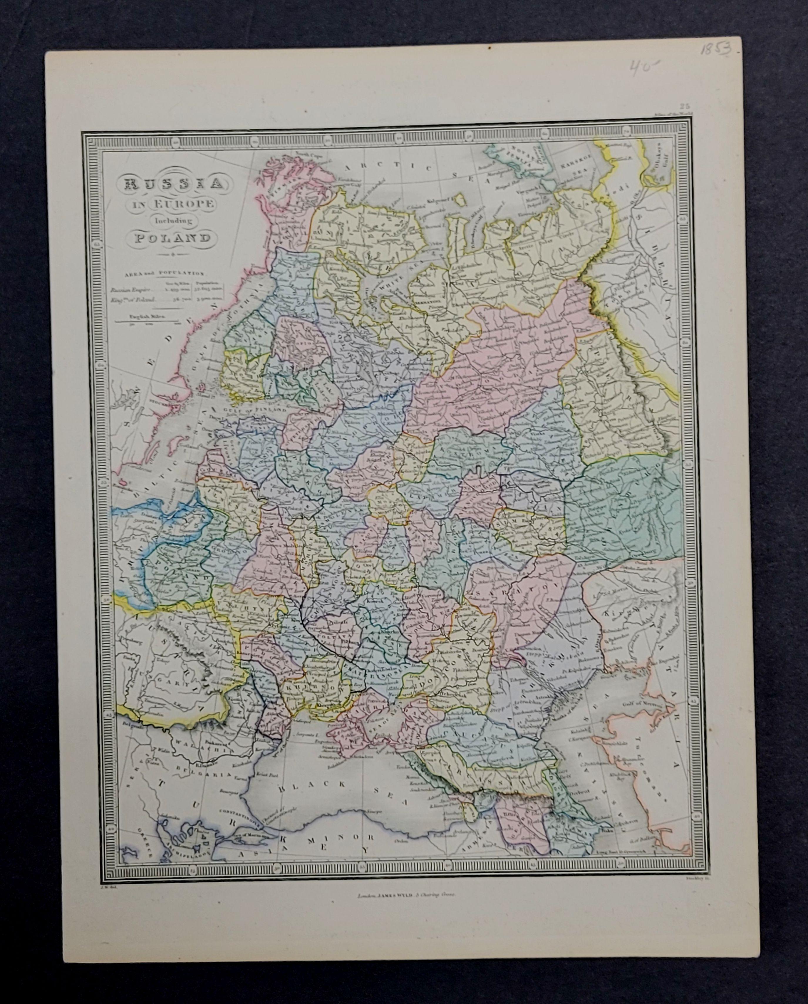 Description

Russia in Europe incl. Poland by J Wyld c.1853

Hand coloured steel engraving
 
 Dimension: Paper: 25 cm W x 33 cm H ; Sight: 22 cm W x 28 cm H

Condition: Good Condition with aged toning, please see photos.