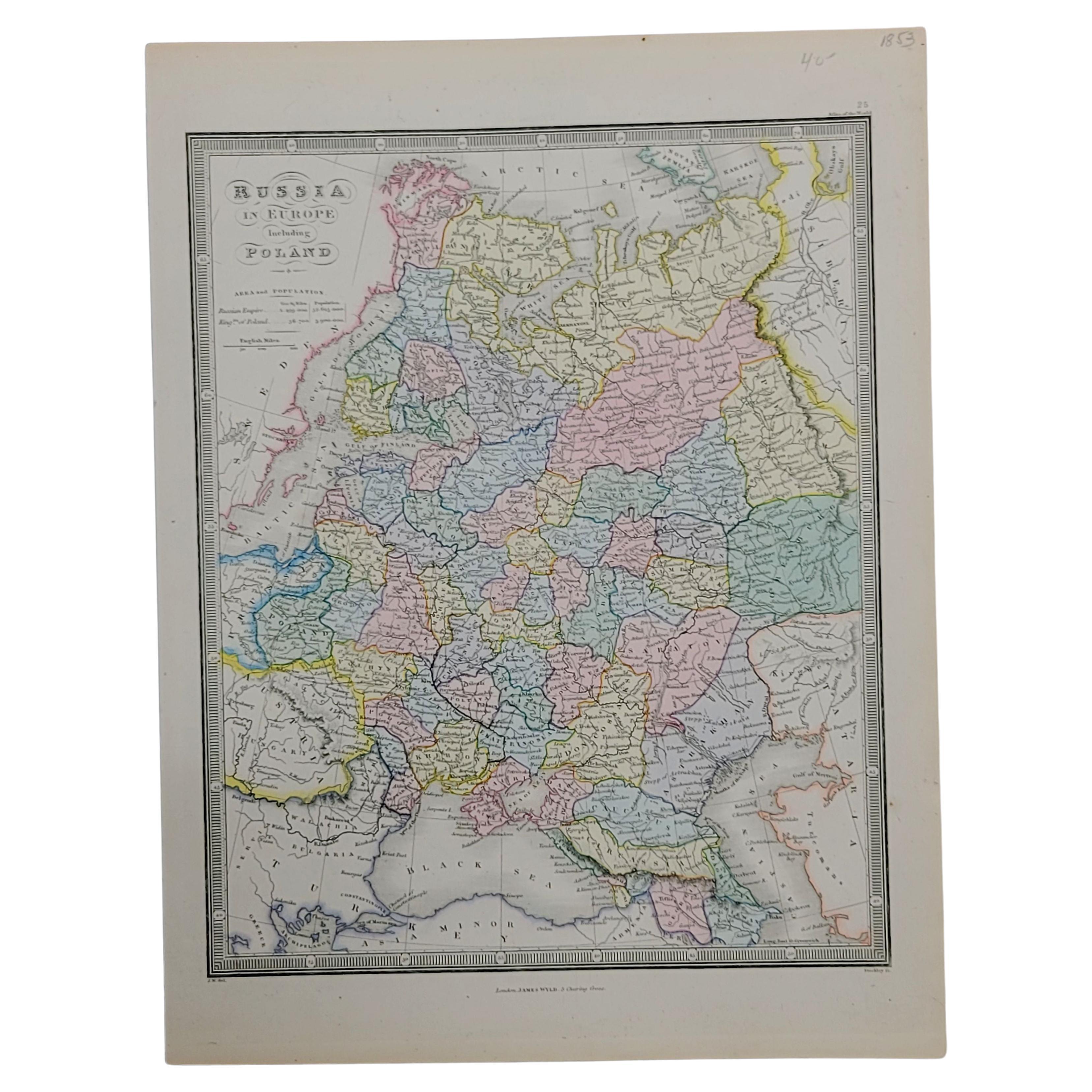 1853 Map of "Russia in Europe Including Poland" Ric.r016 For Sale
