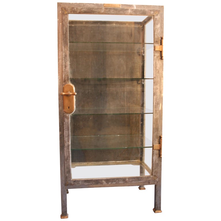 Tall Industrial Medicine Metal Frame And Glass Shelves For Sale