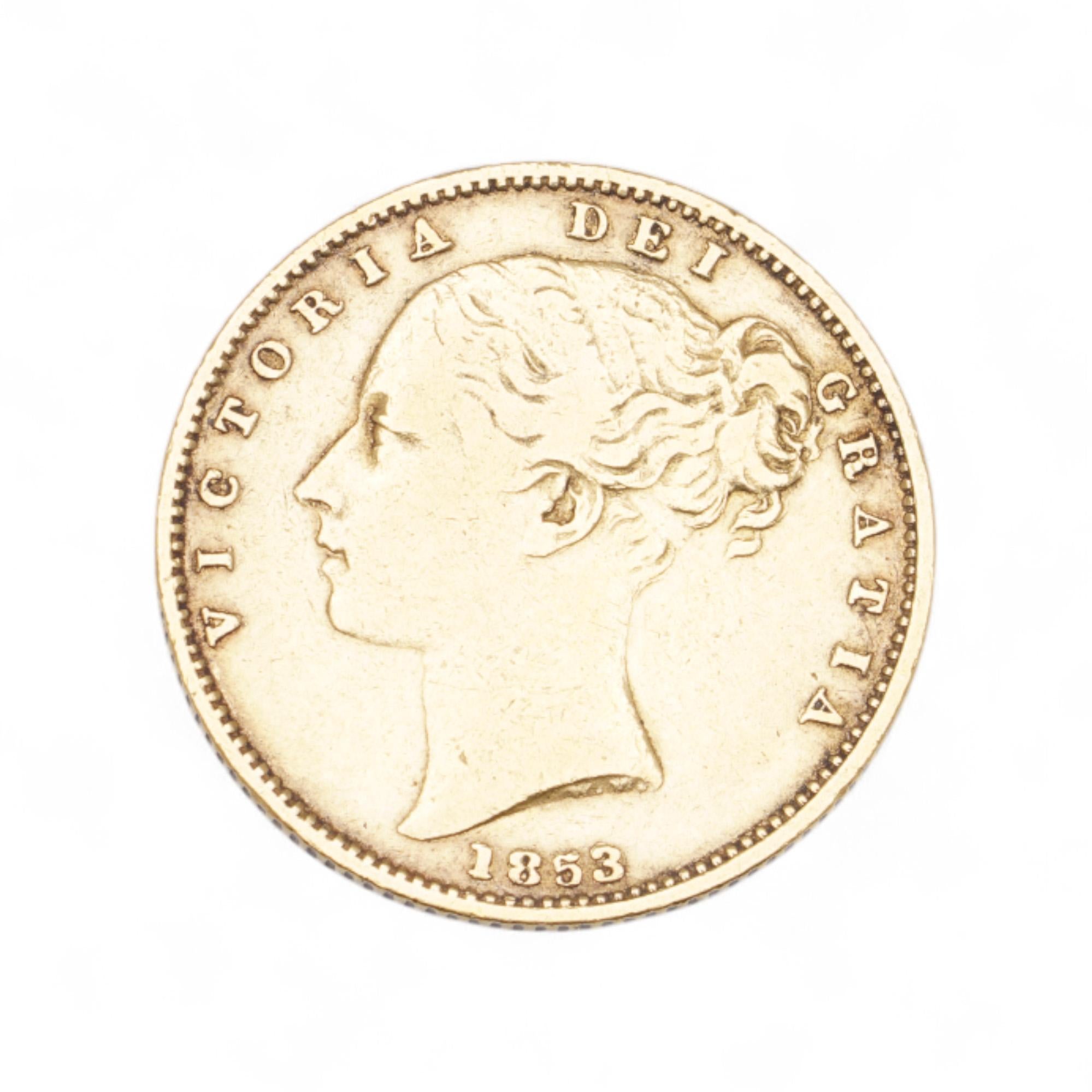 1853 Queen Victoria ‘Young Head’ Shield Back Gold Sovereign – 22ct Gold For Sale 1