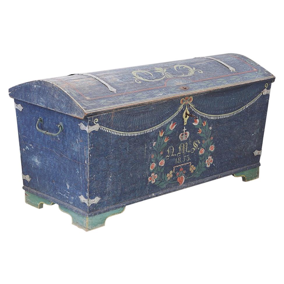 1853 Swedish Chest Blanket Box Original Polychromatic Jamtland Paint Finish Blue