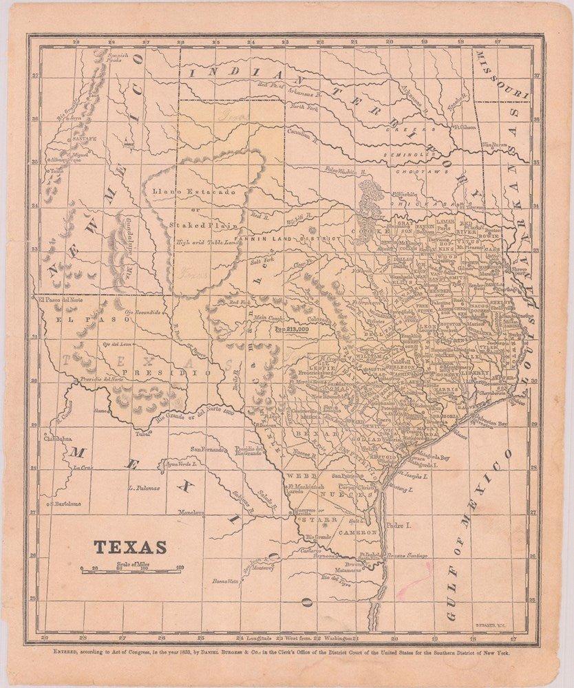 This is an original map of Texas from 1853,  published by Daniel Burgess. The map was issued in Smith's Quarto, or Second Book in Geography and has original hand coloring. This map covers the entire state of Texas, as well parts of adjacent New