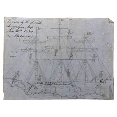 1854 American Maritime Graphite Sketch of The Ben Franklin & Sailors Folk Art