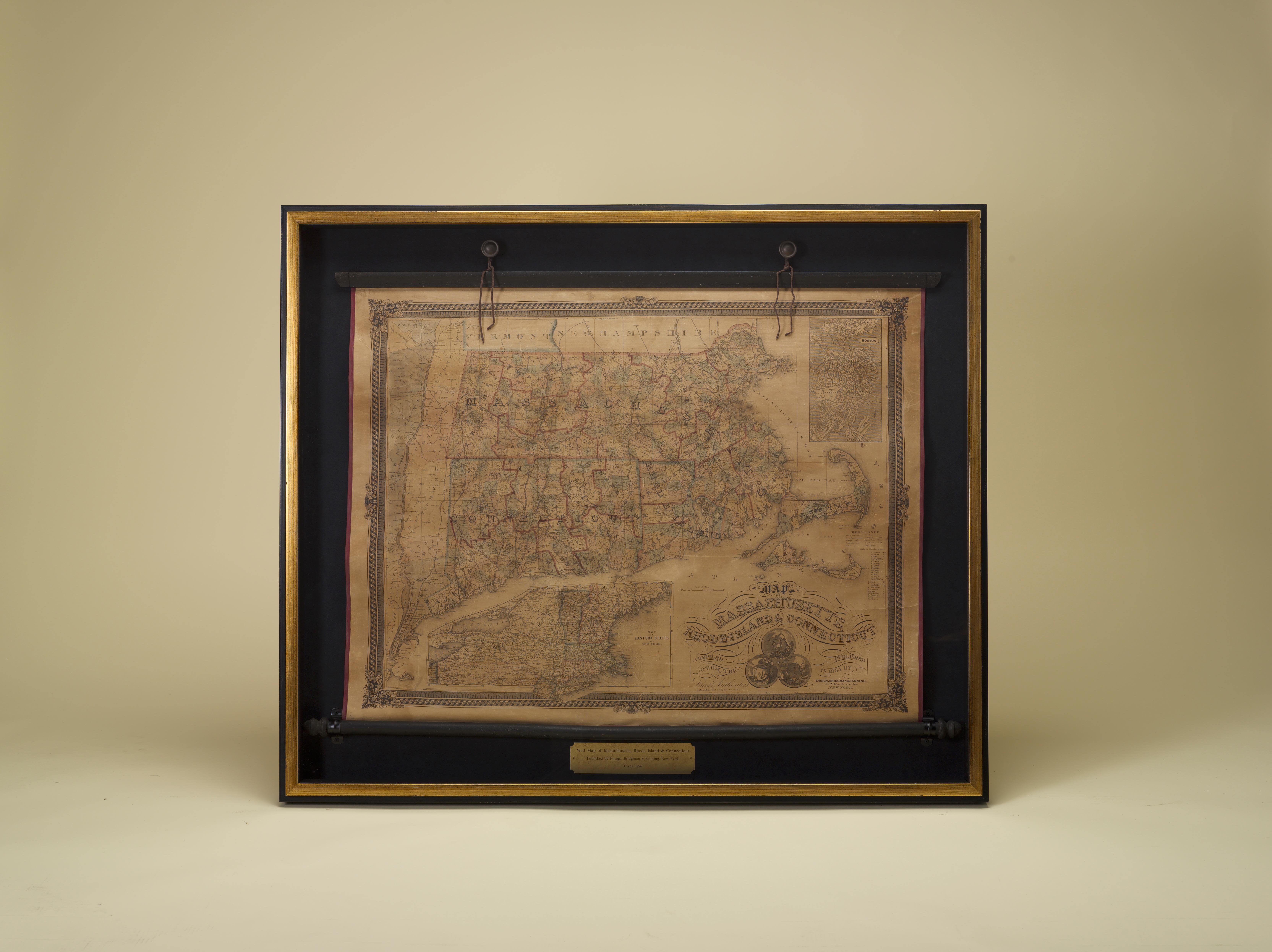 Papier Carte murale ancienne de 1854 du Massachusetts, du Connecticut et du Rhode Island en vente