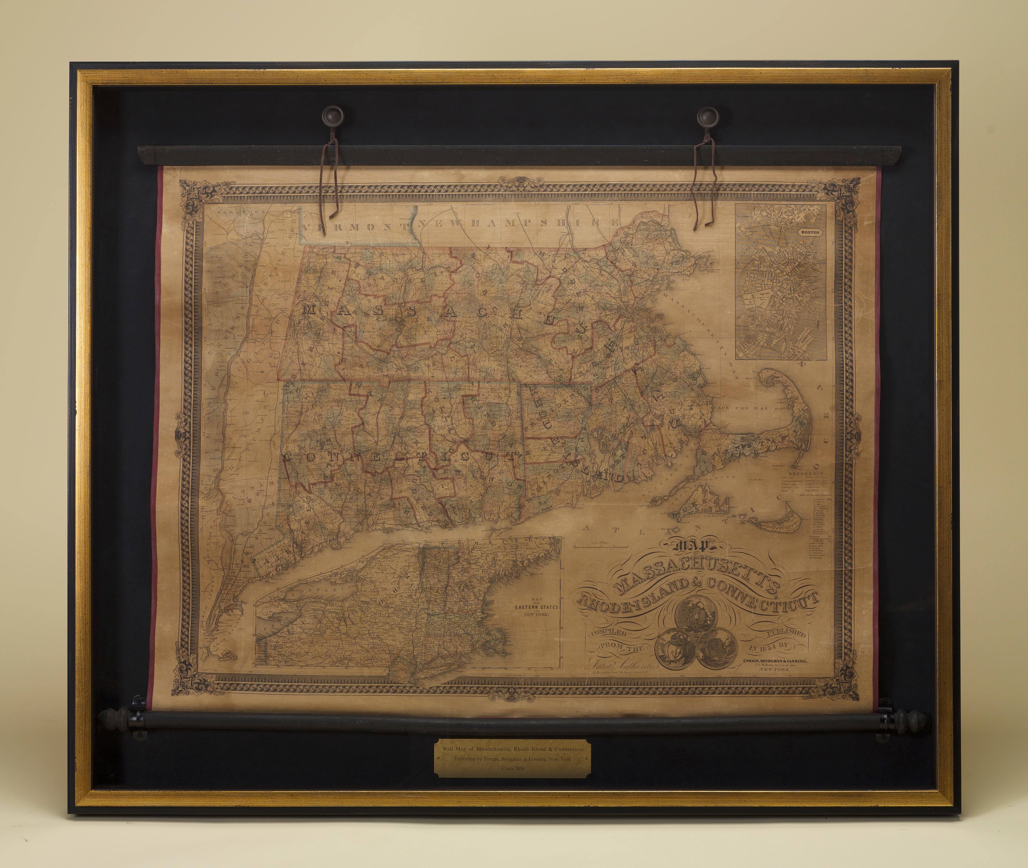 Carte murale ancienne de 1854 du Massachusetts, du Connecticut et du Rhode Island en vente 1