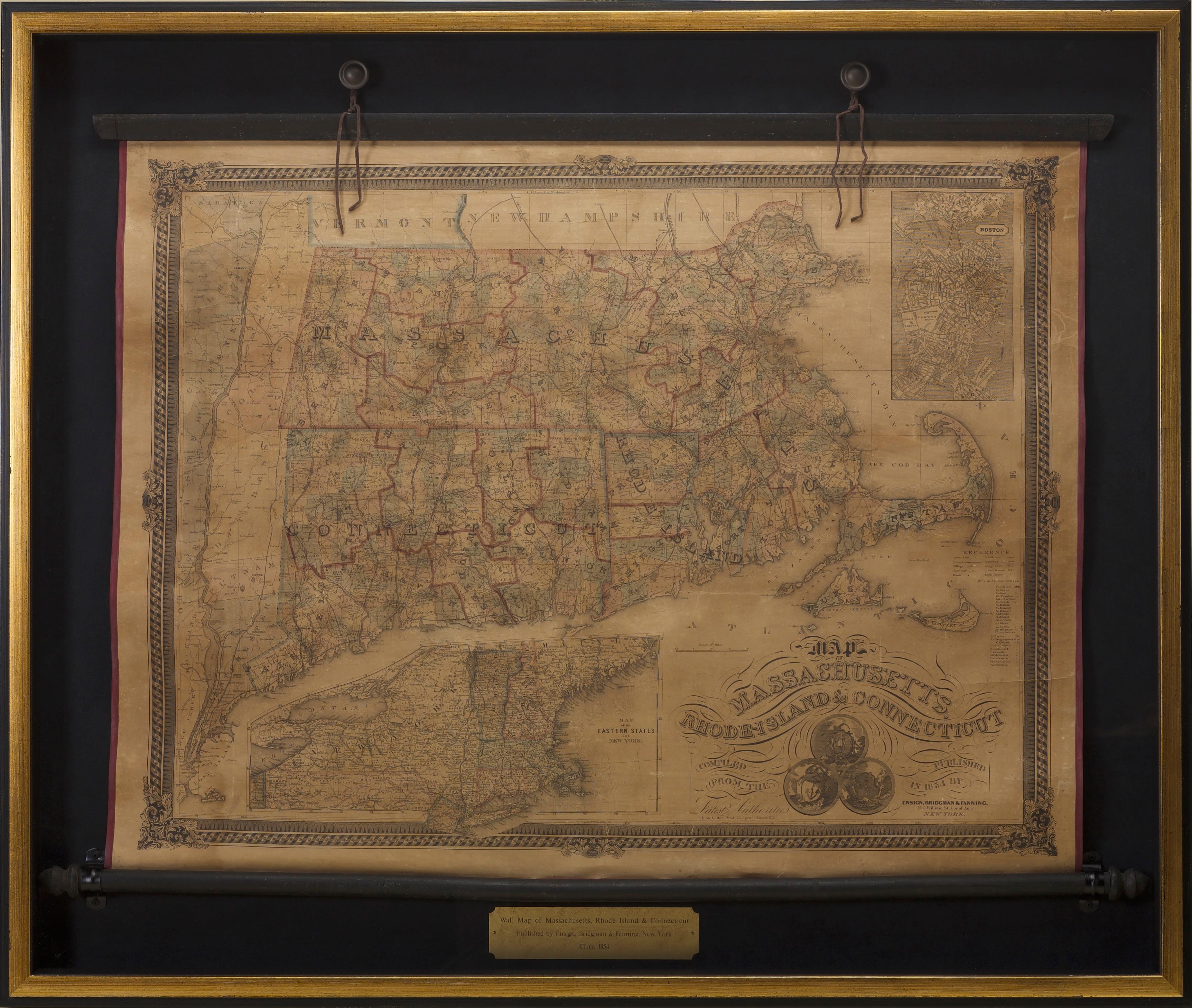 Carte murale ancienne de 1854 du Massachusetts, du Connecticut et du Rhode Island en vente 2