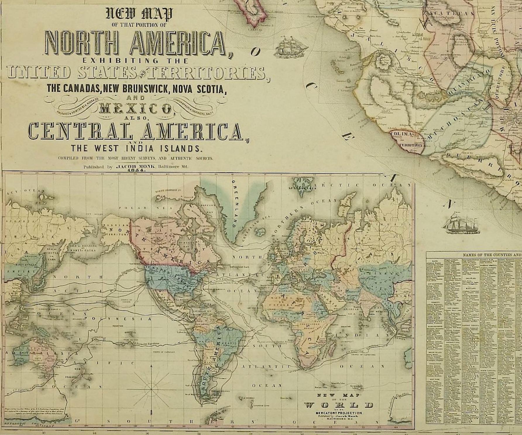 Mid-19th Century 1854 Map of Partial North America, Antique Wall Map by Jacob Monk