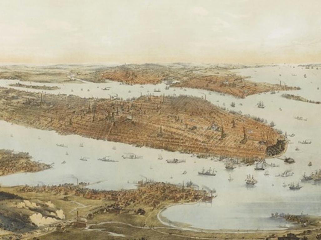 This is a stunning panoramic view of New York City, published in New York, 1854. The map, a color lithograph, was drawn on stone by John Bornet and printed by A. Weingartner, N.Y. Forty-seven locations are identified just above the title and