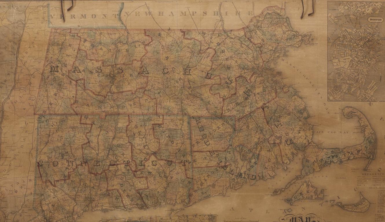 This striking wall map was published in 1854 by Ensign, Bridgman & Fanning and has both full original hand-coloring and original hardware. This impression is both informative and highly decorative.

The states are divided into counties, outlined in