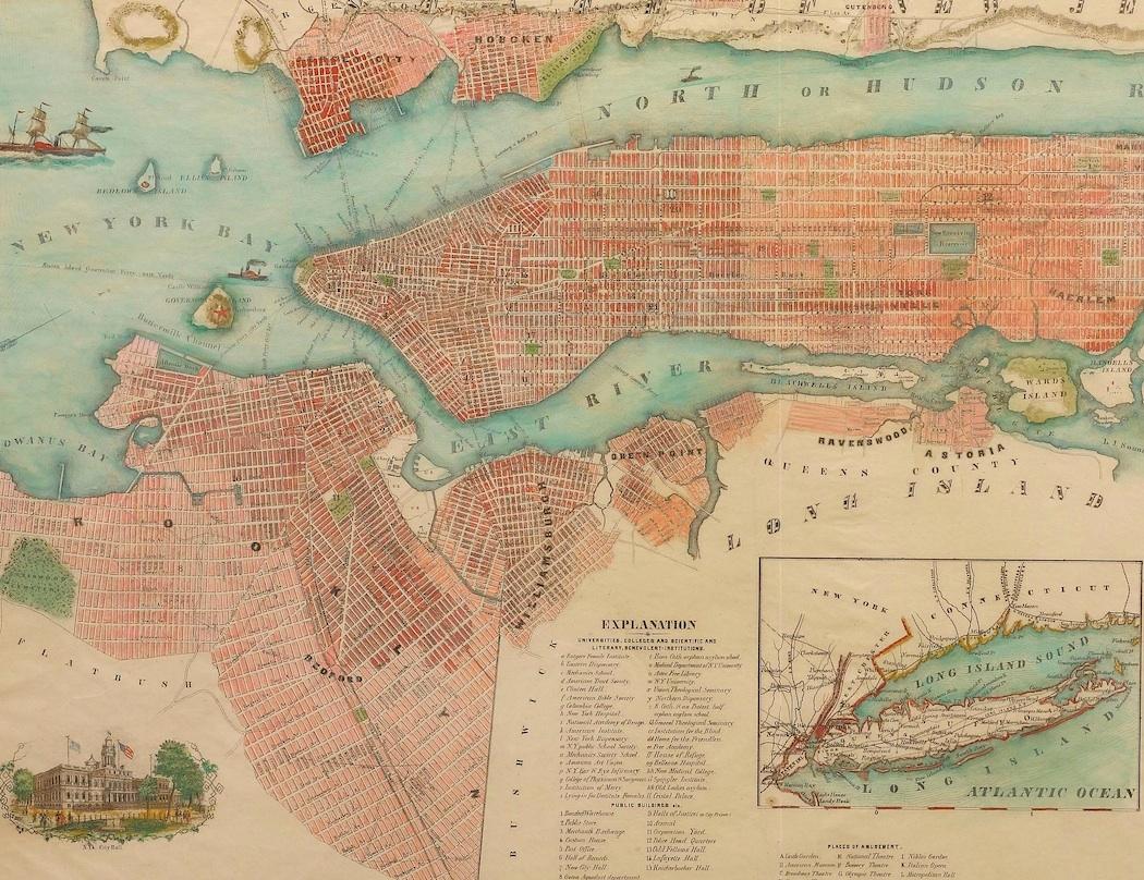 This is a beautiful hand-colored map titled “New York City & County Map with Vicinity entire Brooklyn, Williamsburgh, Jersey City &c.” The work was published in 1855 by Charles Magnus and is presented in a wooden archival frame. 

Published by one