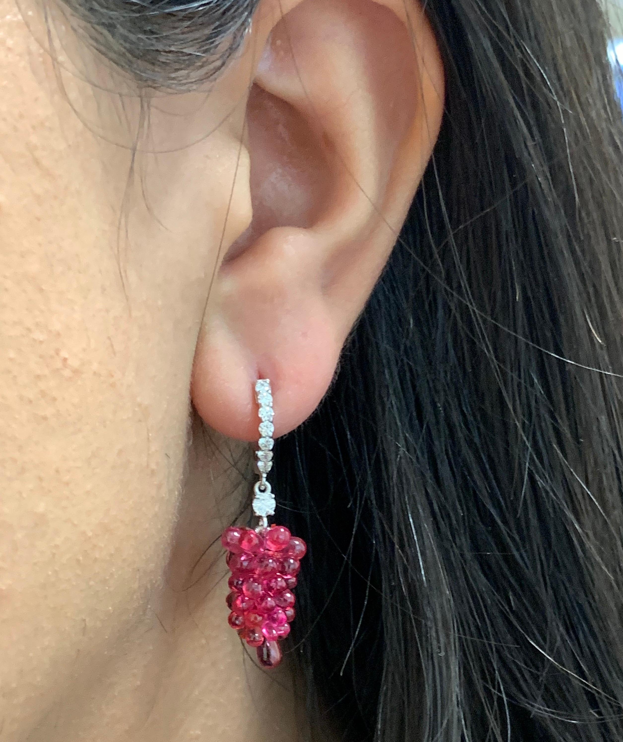 Contemporary 18.55 Carat Briolette Red Spinel and Round White Diamond Grape Earrings 14K Gold