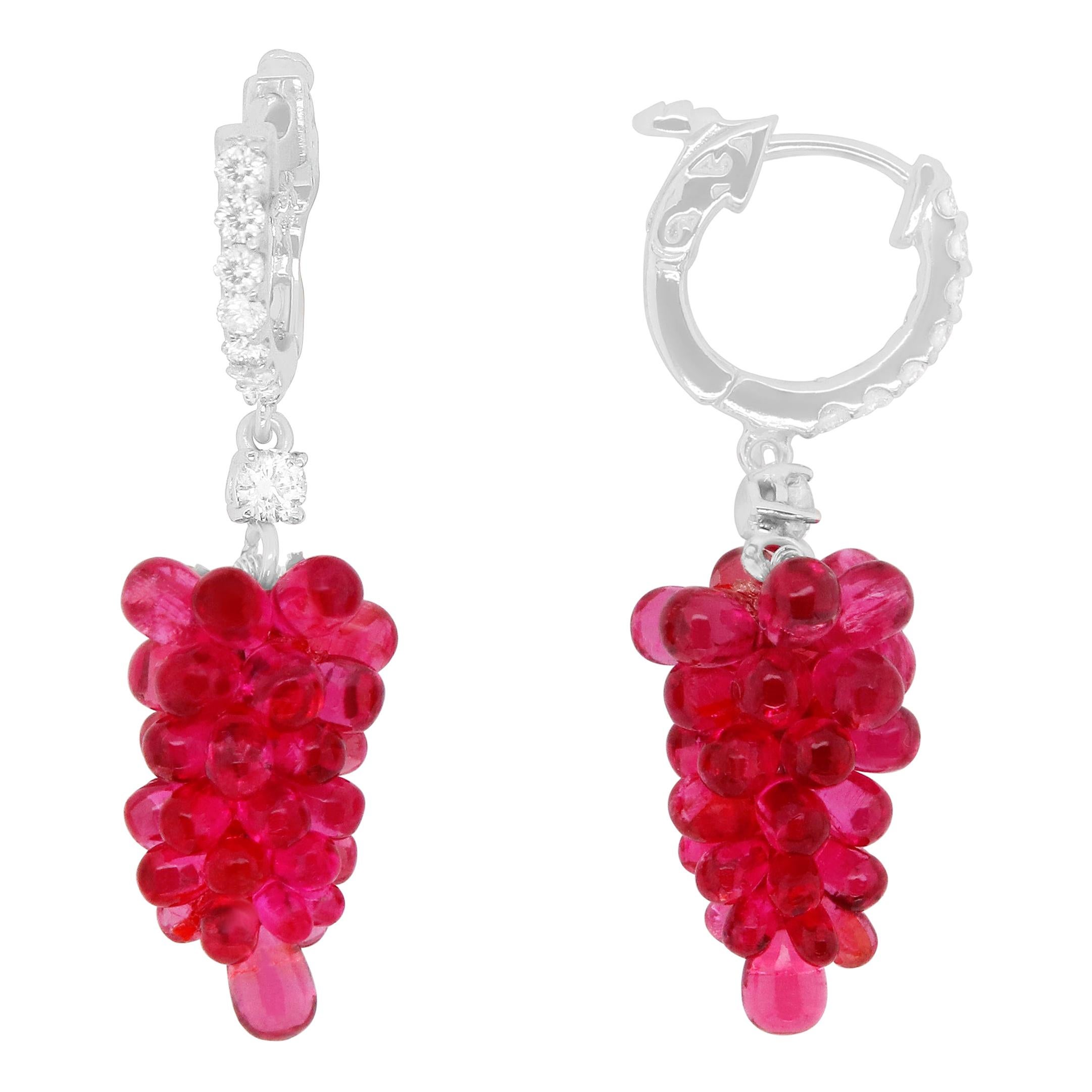 18.55 Carat Briolette Red Spinel and Round White Diamond Grape Earrings 14K Gold