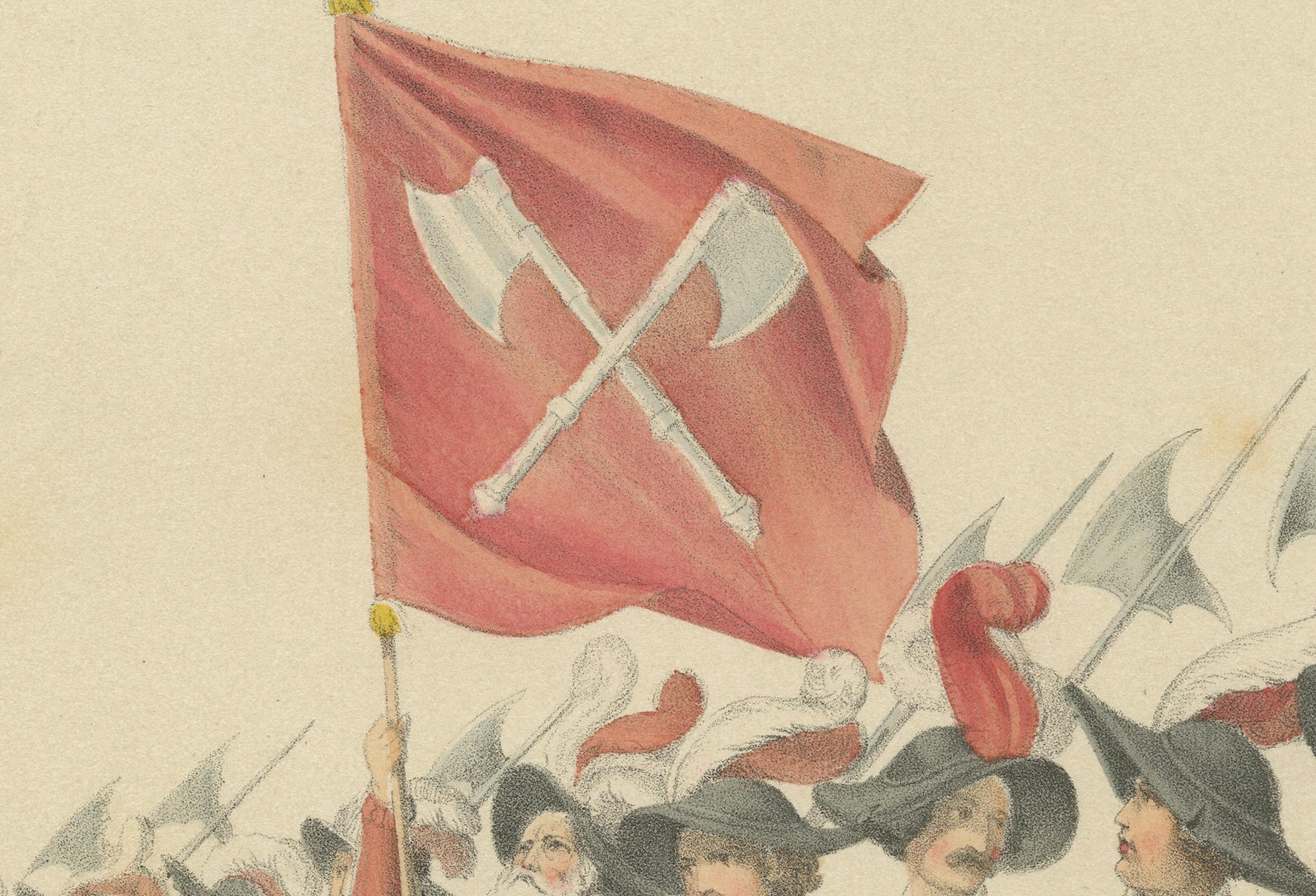 Titel: Festzug 1855 - Die Reiter mit ihrem Anführer und Banner  

Diese auffallende handkolorierte Lithographie, geschaffen von H. Jenny und lithographiert von Kümmerly und Wittmer, ist Teil des *Festalbums* zum Gedenken an den Beitritt Berns zur