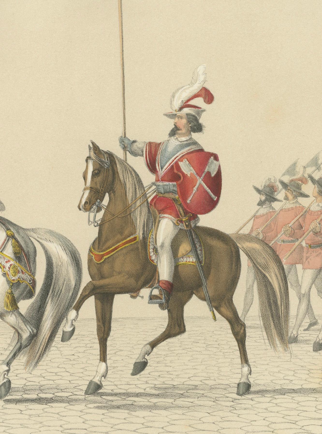 1855 Festzug in der Schweiz - The Riders & Their Leader and Banner (Papier) im Angebot