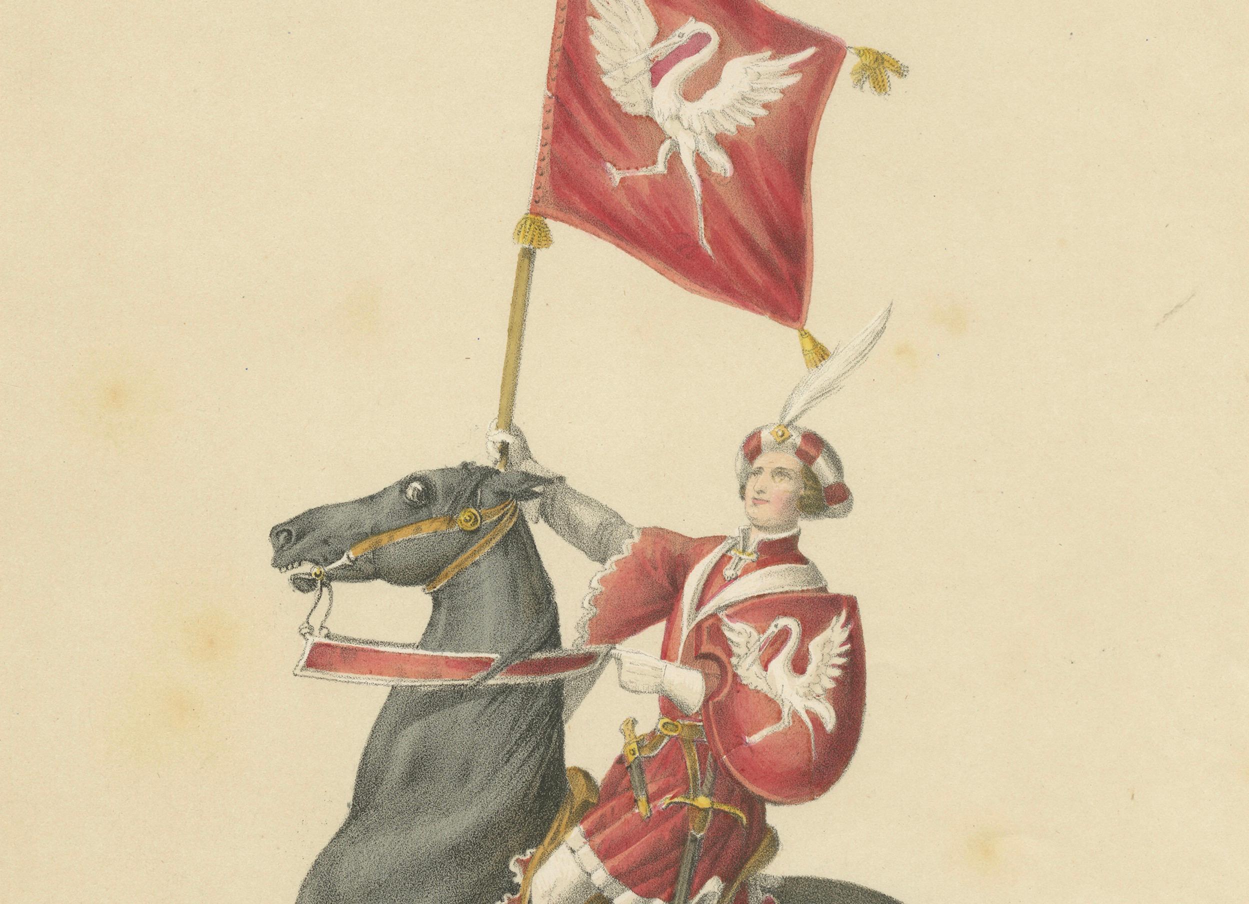 Titel: Ritterlicher Festzug 1855 - Der Graf von Bregenz und sein Banner  

Beschreibung:  Diese exquisite handkolorierte Lithographie, geschaffen von H. Jenny und lithographiert von Kümmerly und Wittmer, ist Teil des *Festalbums* zum Gedenken an den