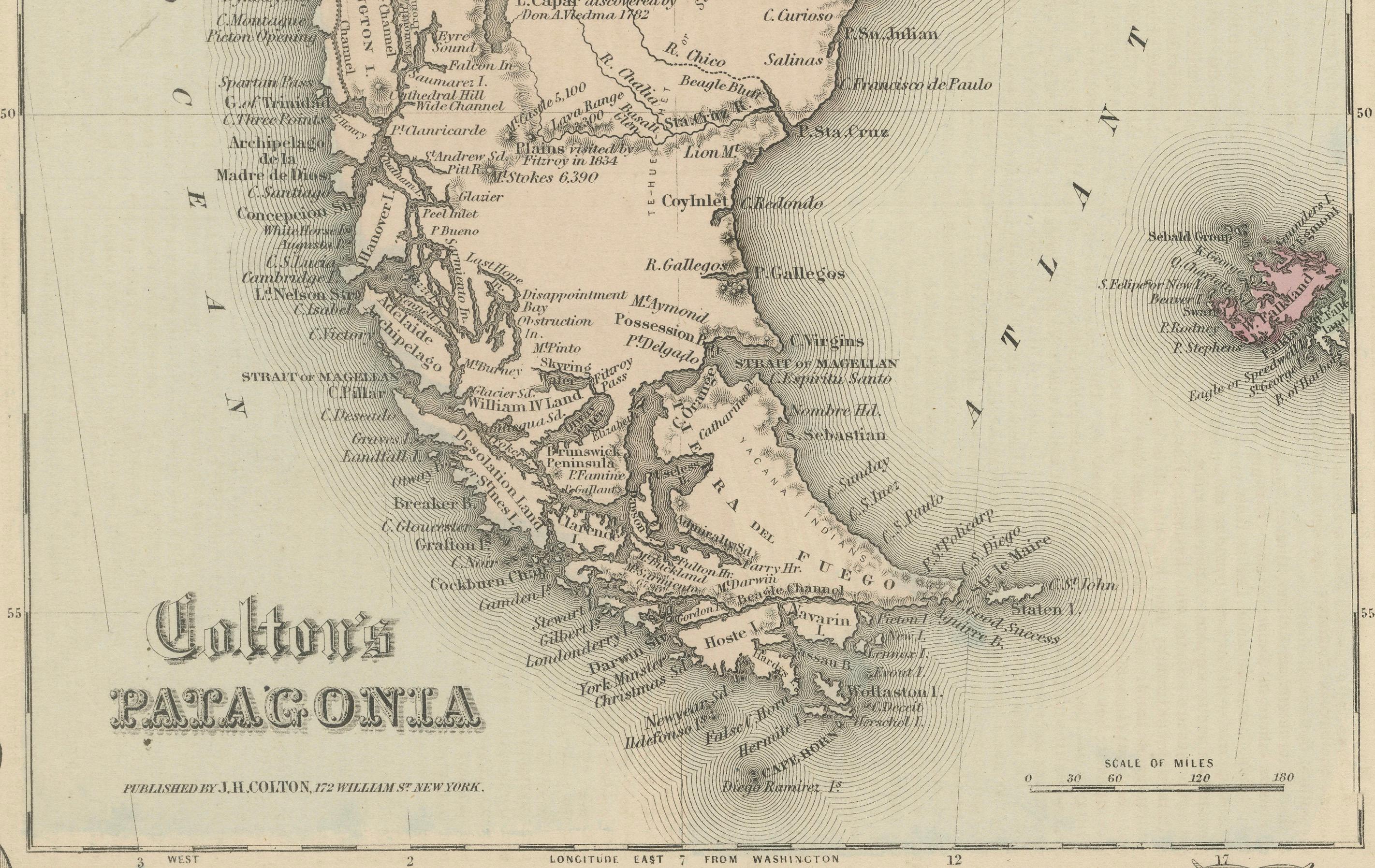 1855 Carte de Colton de la Patagonie avec des inserts des îles de l'Atlantic Sud Bon état - En vente à Langweer, NL