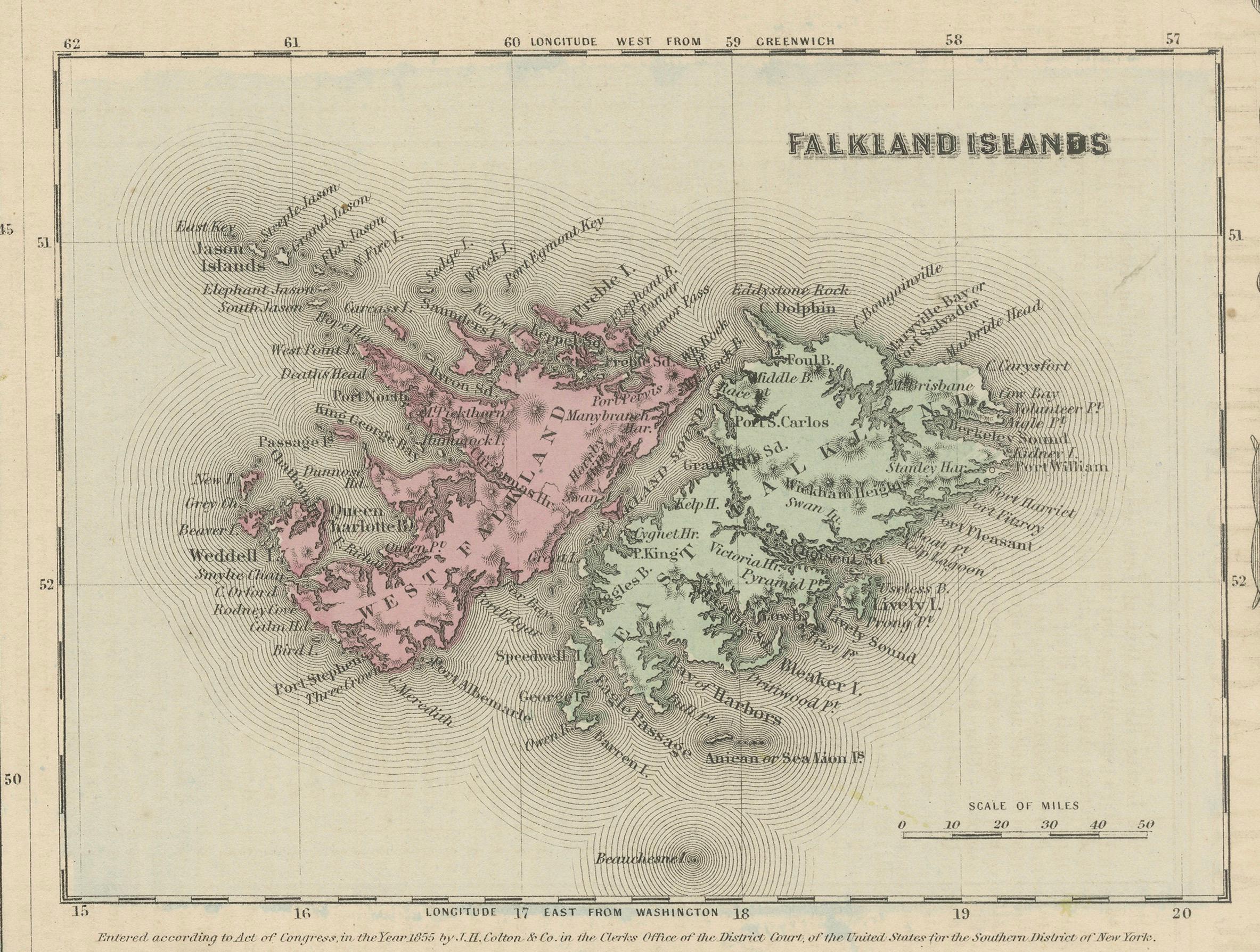 Papier 1855 Carte de Colton de la Patagonie avec des inserts des îles de l'Atlantic Sud en vente