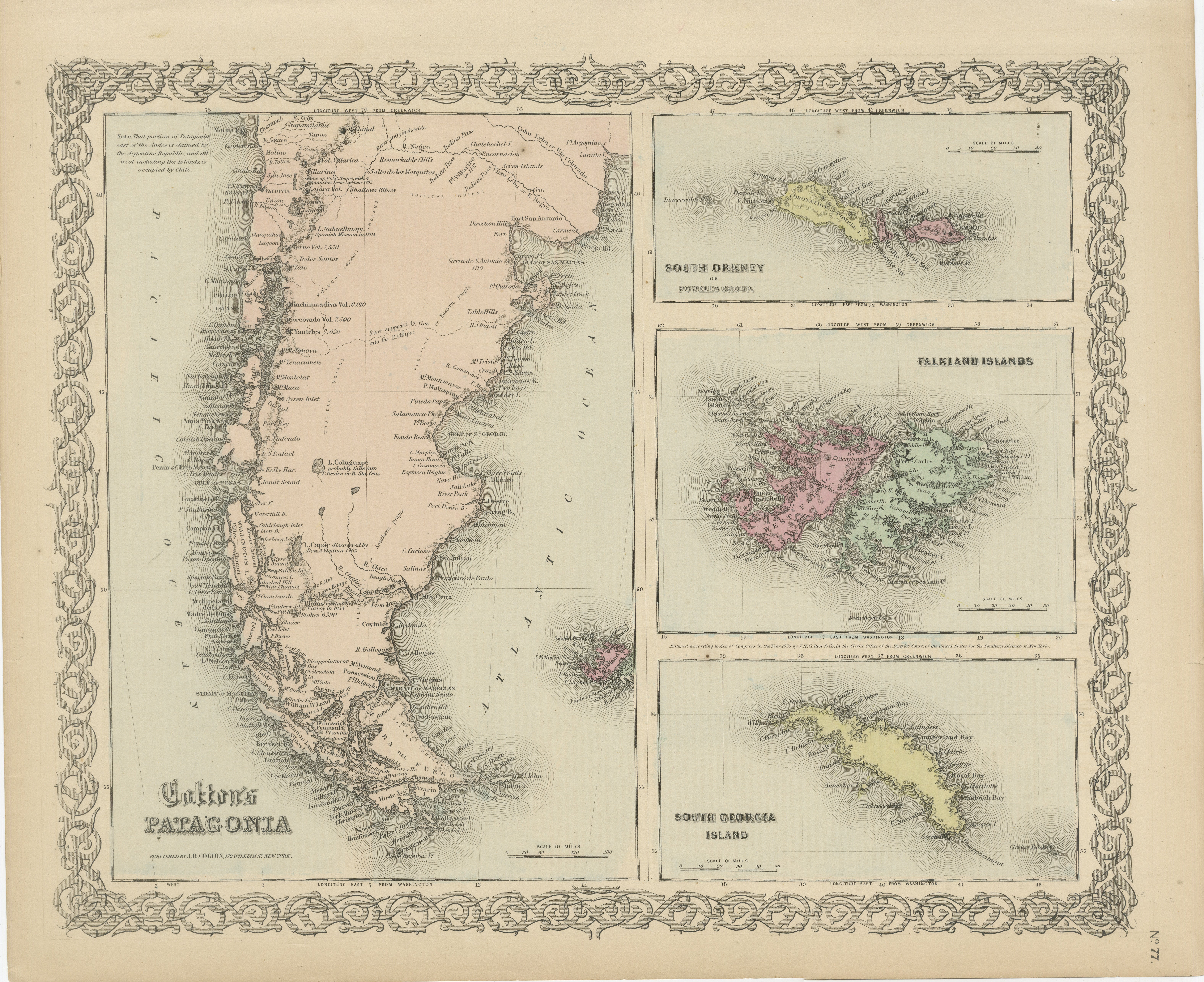 1855 Colton's Map of Patagonia with South Atlantic Islands Insets