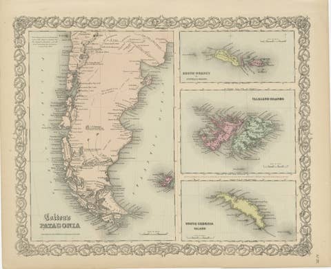 1855 Colton's Map of Patagonia with South Atlantic Islands Insets