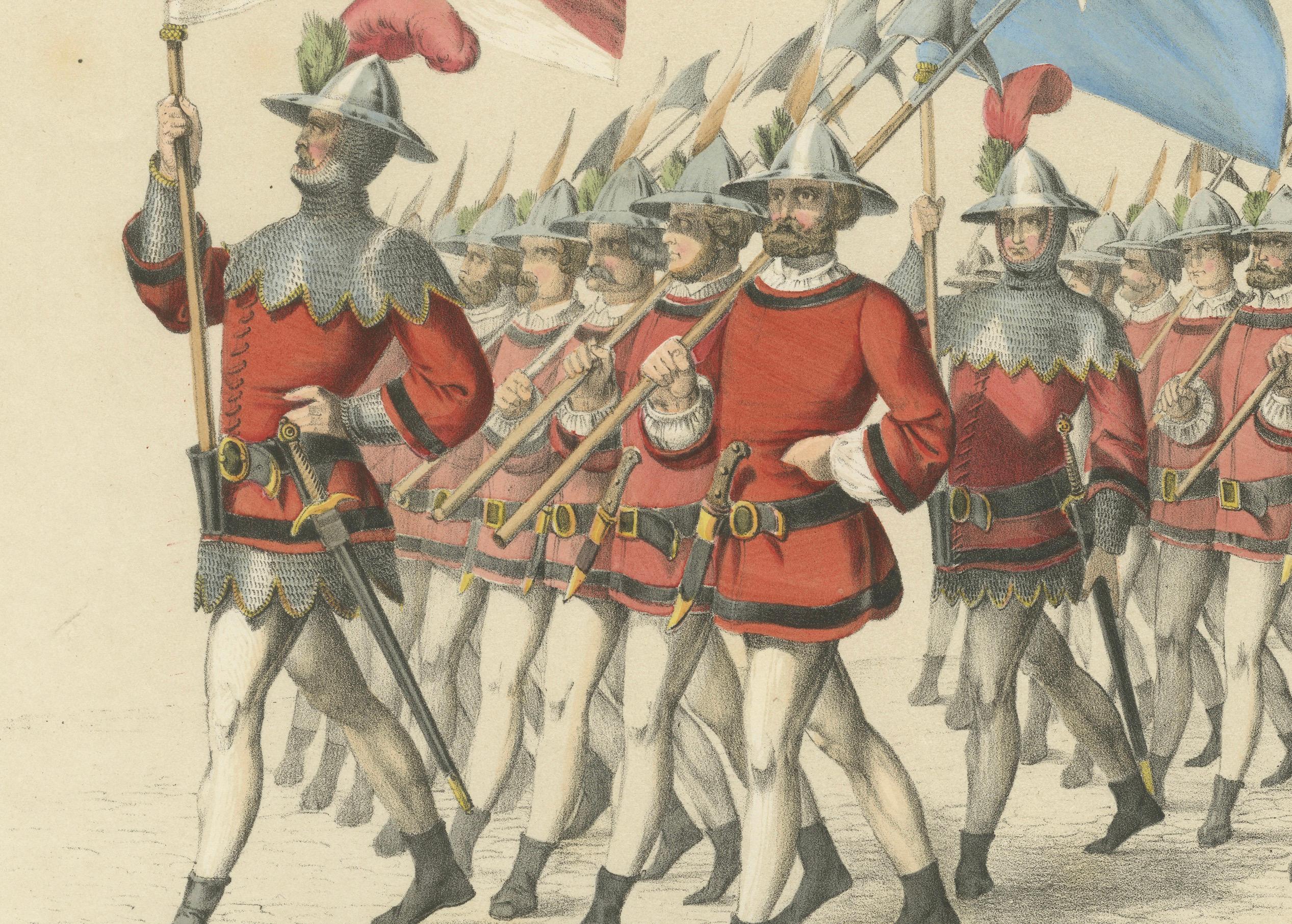 1855 Handkolorierte Lithographie der vier Berner Gerichtsbezirke - Eine Schweizer Parade (Papier) im Angebot