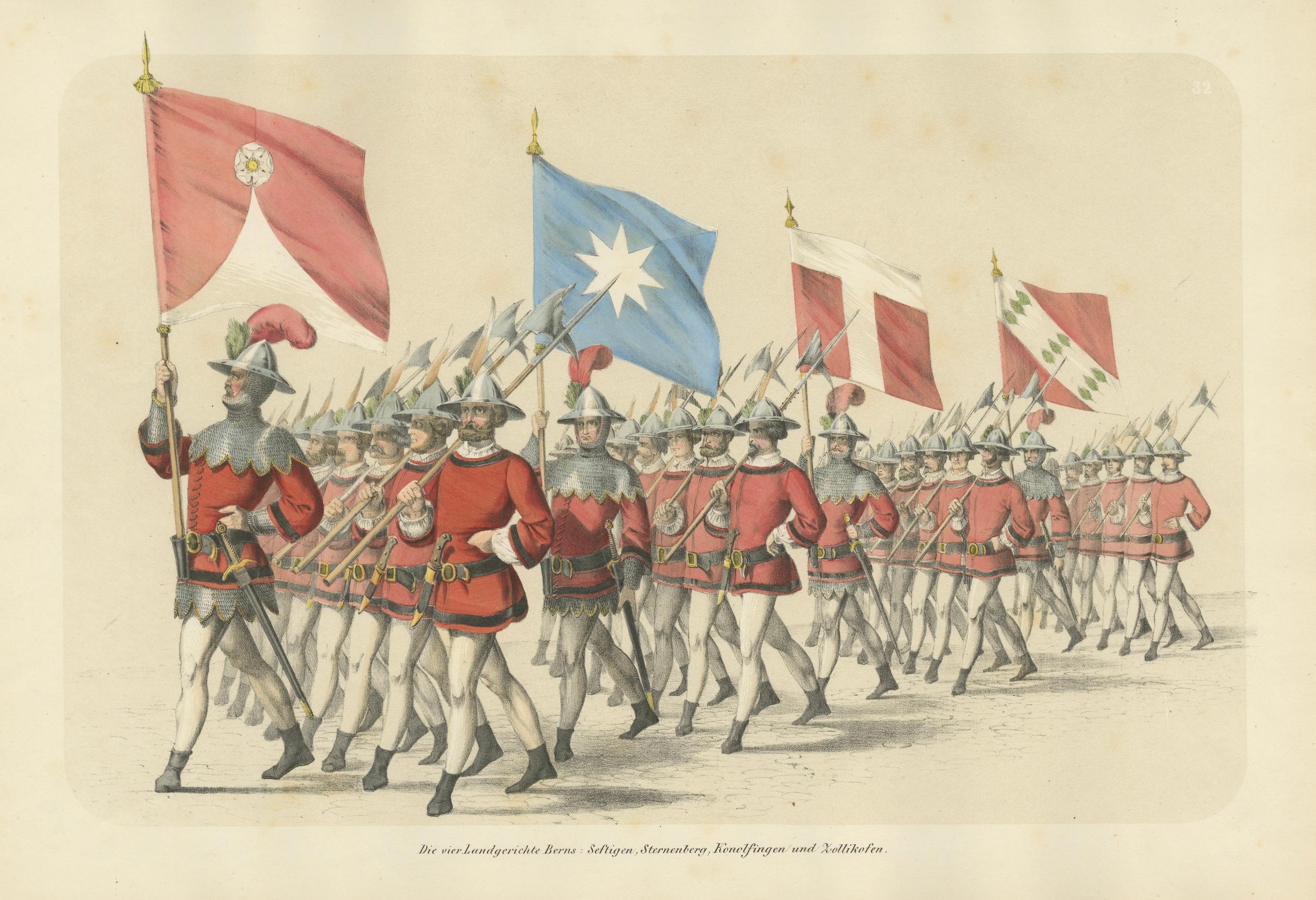 1855 Handkolorierte Lithographie der vier Berner Gerichtsbezirke - Eine Schweizer Parade im Angebot 1