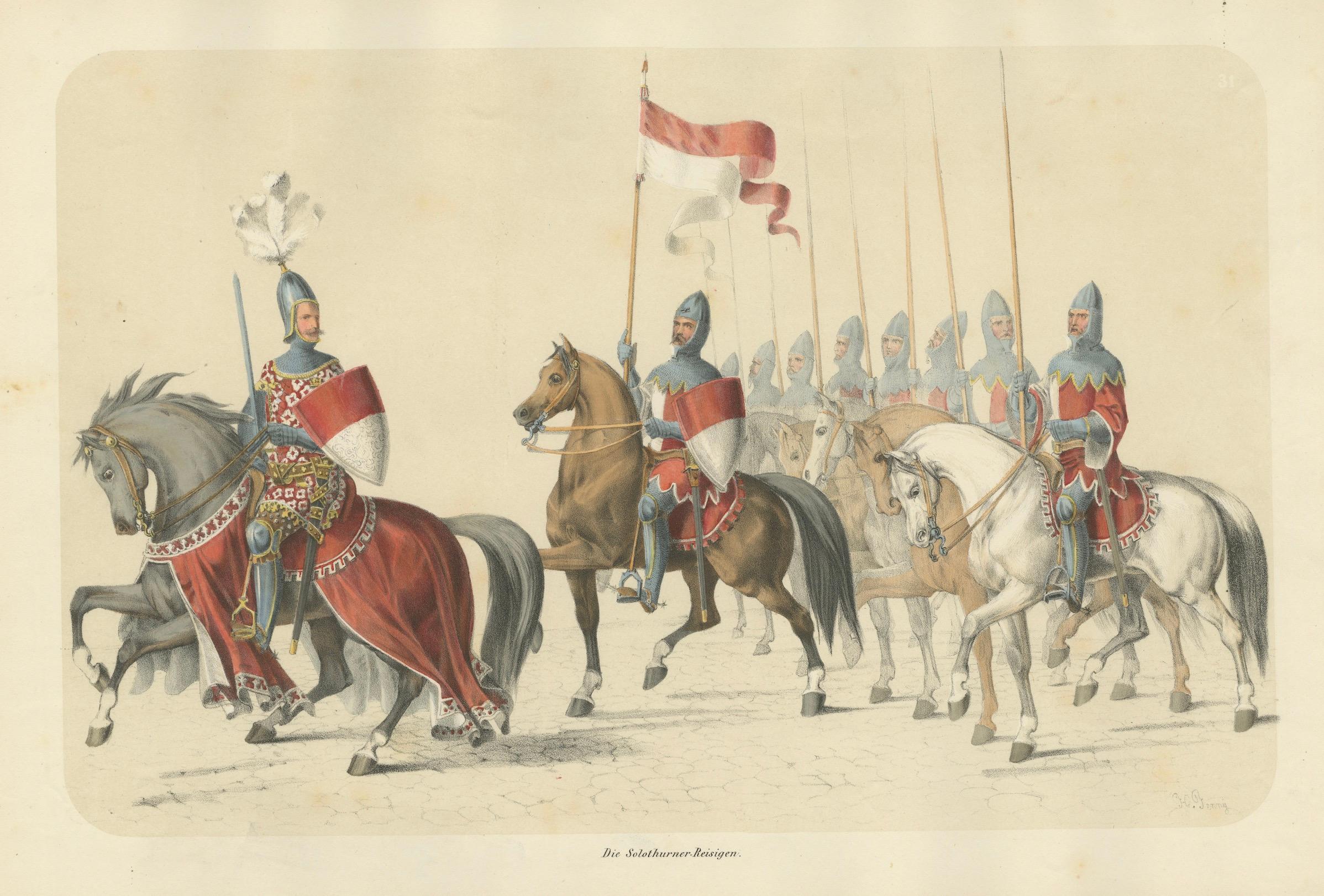 1855 Hand-Colored Lithograph of Solothurn Cavalry – Festive Swiss Confederation For Sale 3