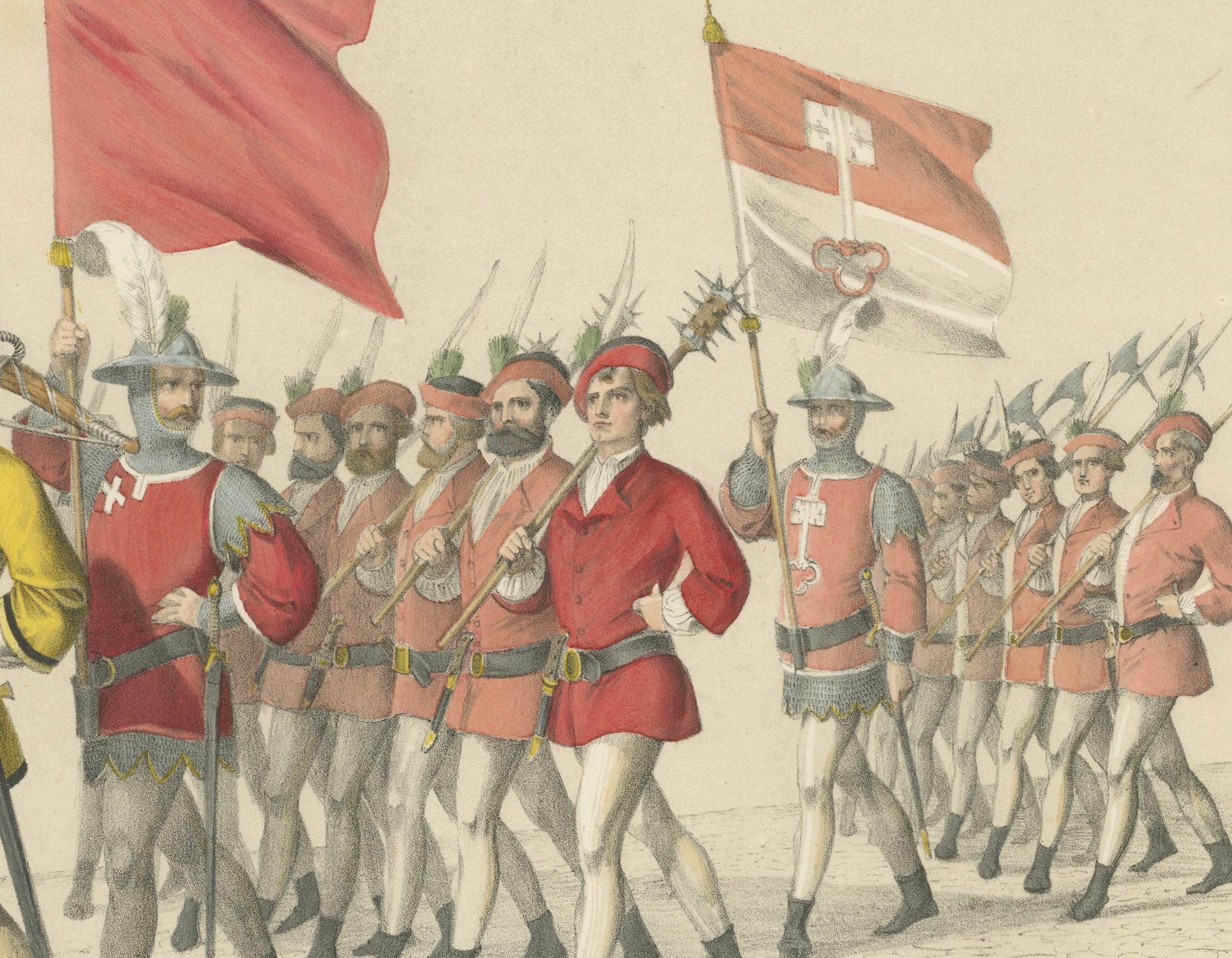 Il corteo militare di Uri, Svitto e Untervaldo nella parata festiva bernese

Questa straordinaria litografia colorata a mano fa parte del *Fest Album Celebrating Bern's Entry into the Swiss Confederation on March 6, 1353*, un elaborato folio